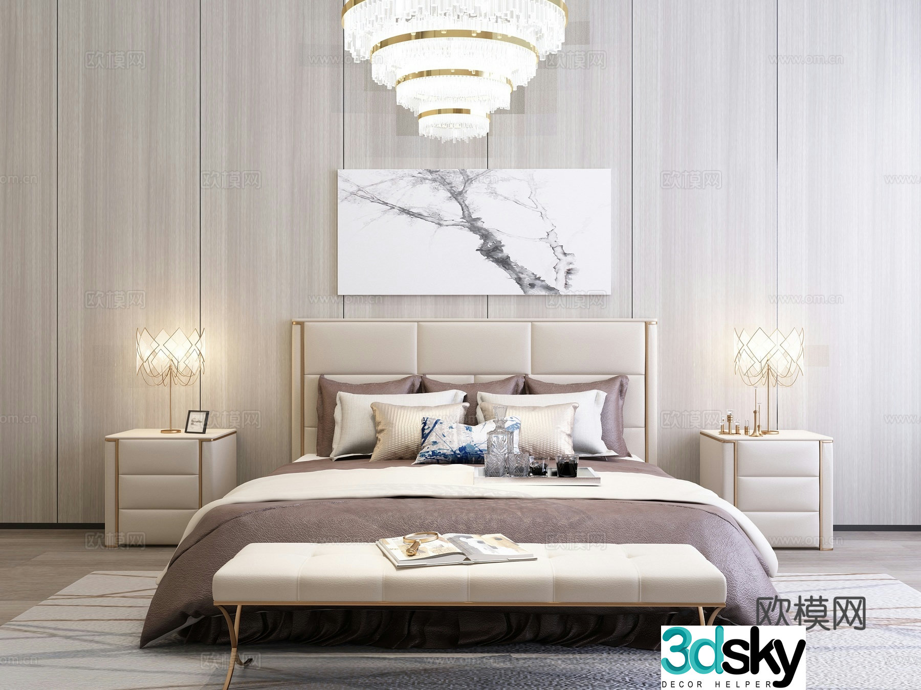 Modern double bed wall decoration bedside table chandeliers decorative paintings decorations chest of drawers 3d model