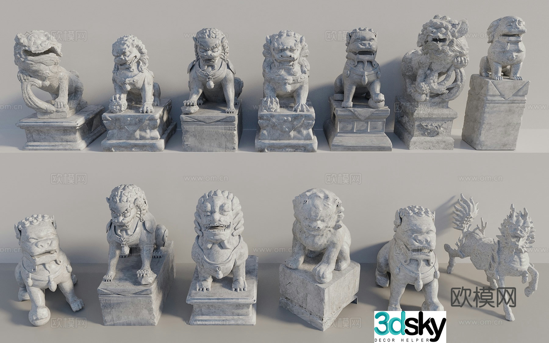 Chinese stone lion unicorn stone statue divine beast sculpture sketch auspicious beast 3d model