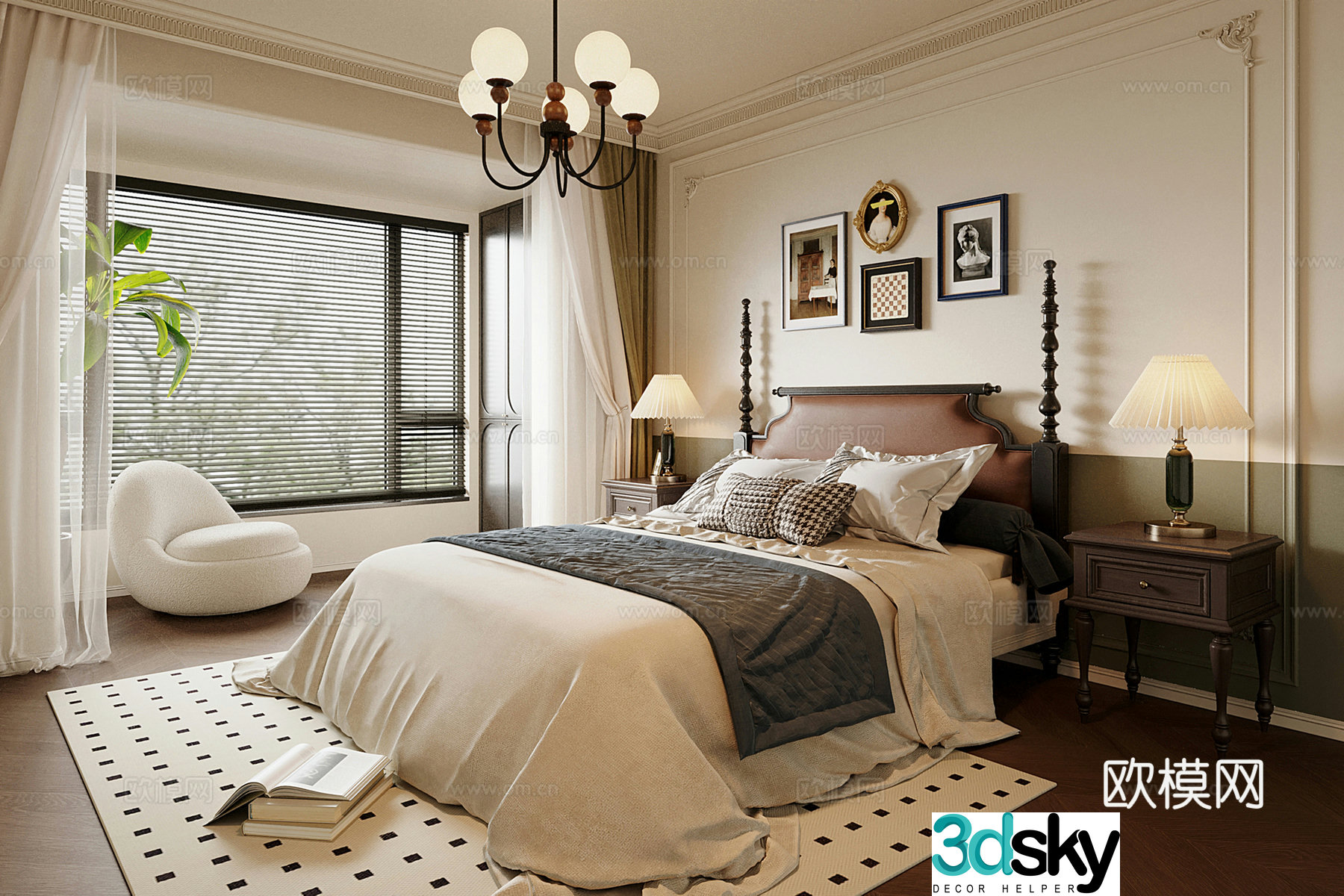 French bedroom retro double bed nightstand chandelier 3d model