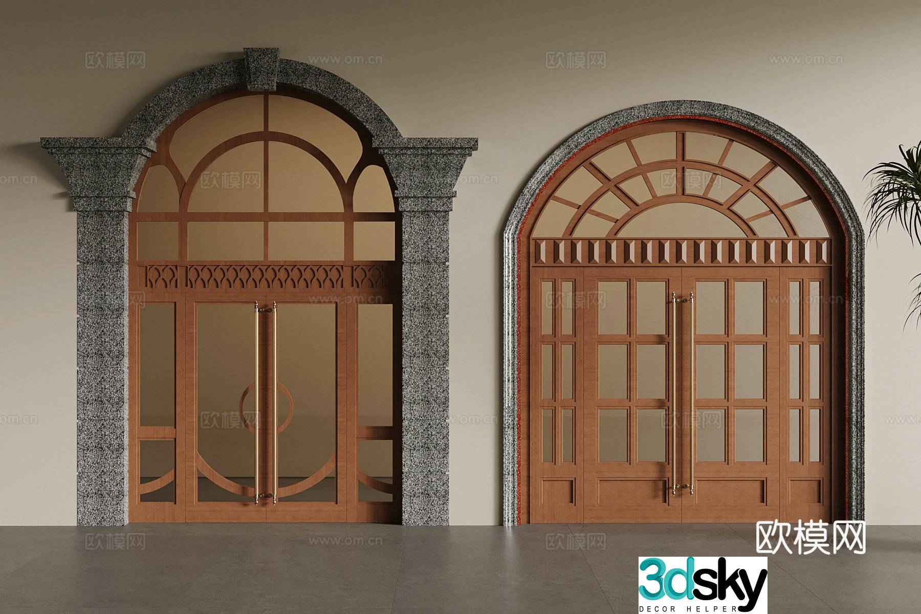 Simple European double-opening doors swing doors arched doors glass doors 3D model