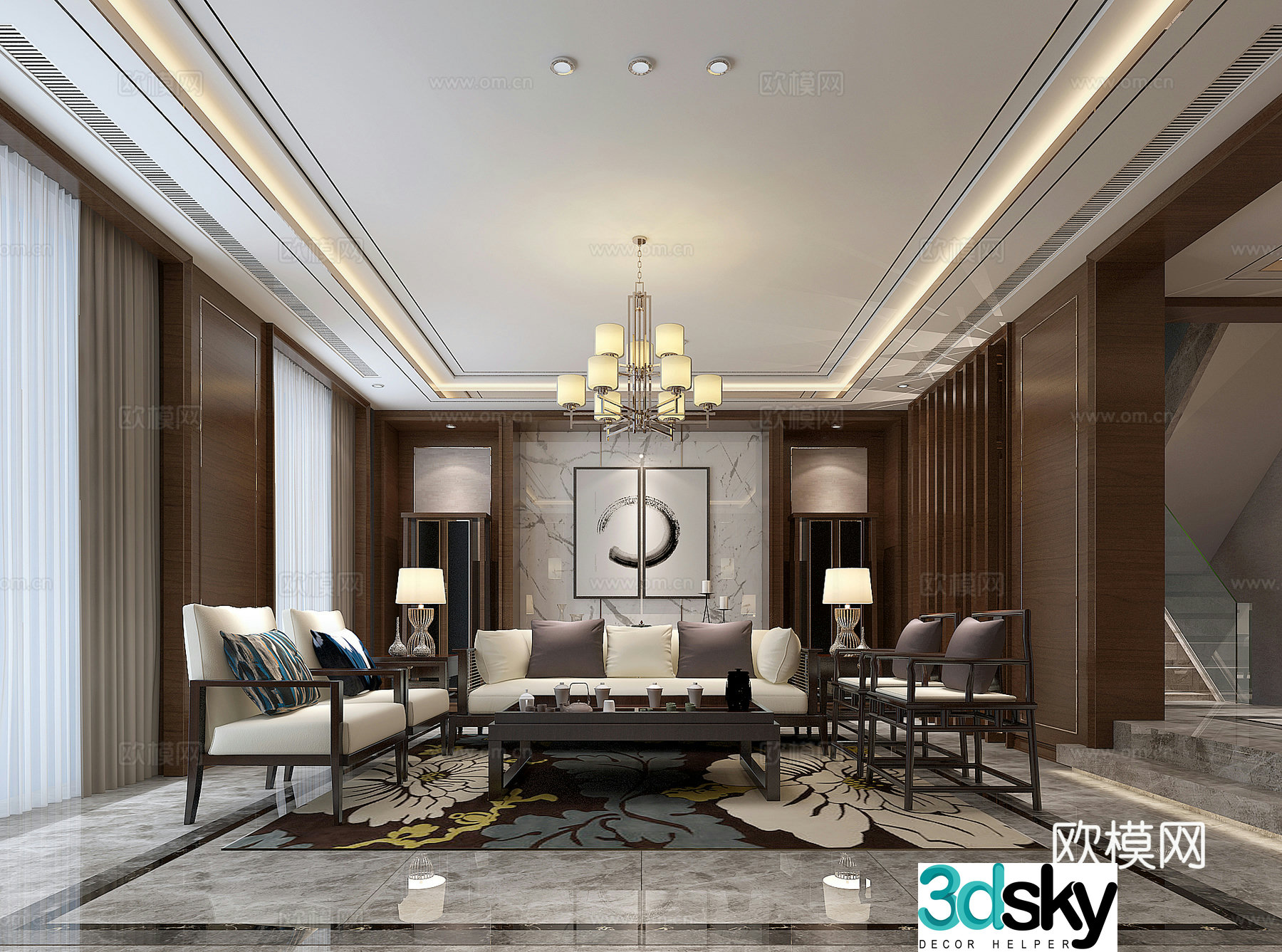 Modern Hong Kong style living room sofa coffee table carpet chandelier table lamp wall lamp 3d model