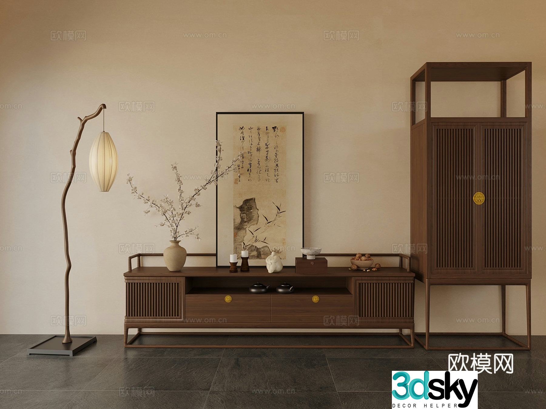 New Chinese TV cabinet high cabinet floor lamp 3D model