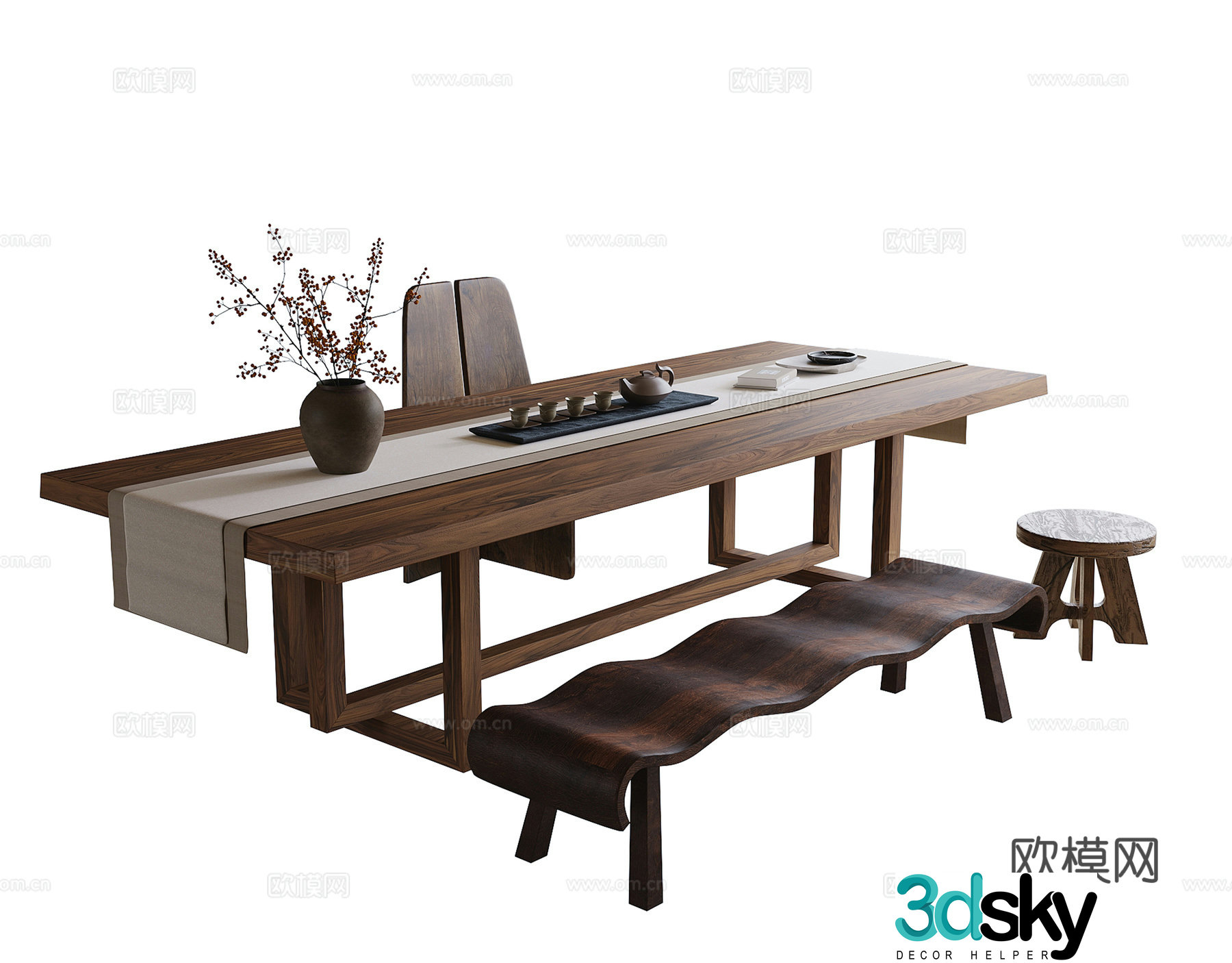 Modern tea table and chairs tea table stool bench 3d model