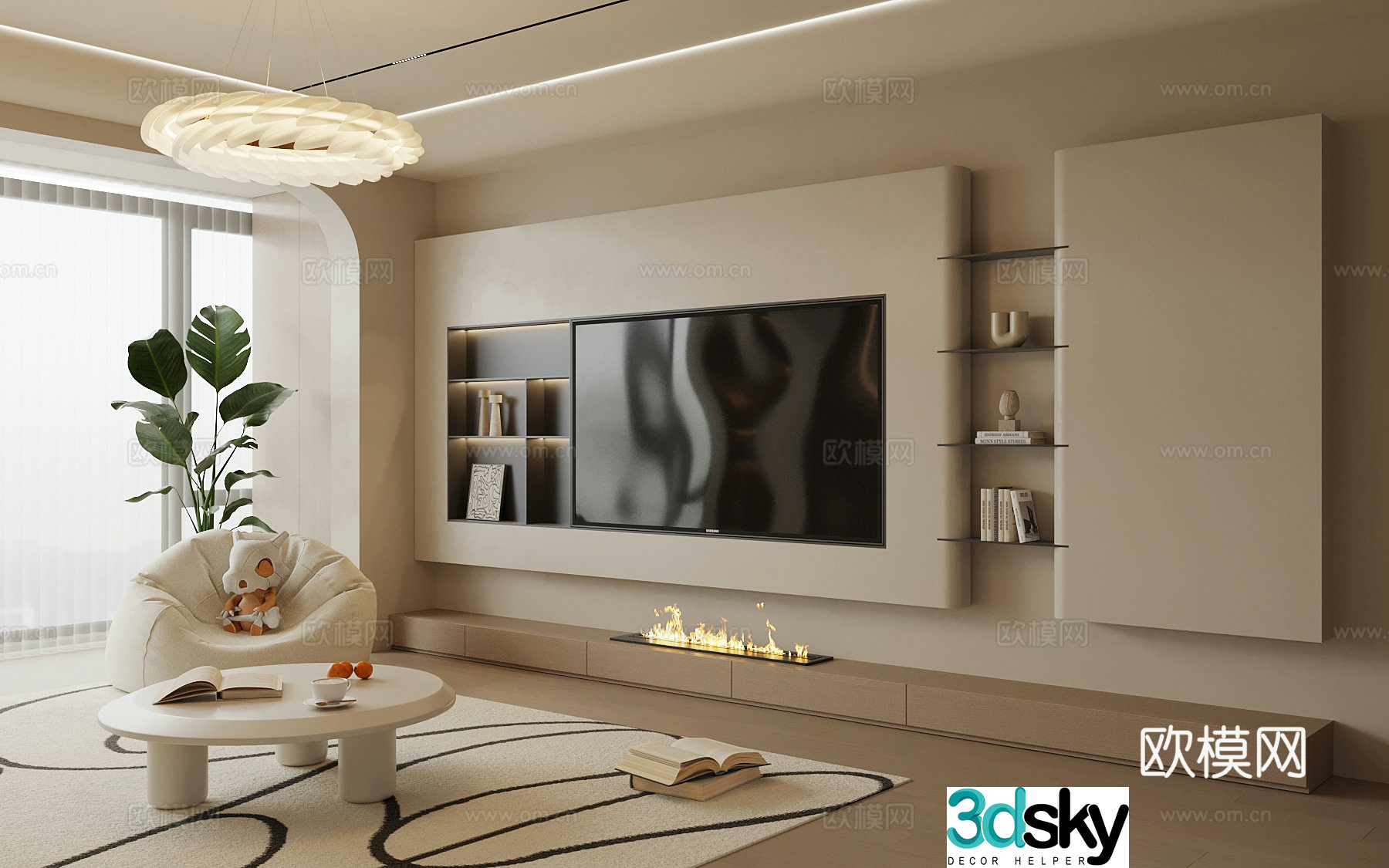 Modern Creamy Living Room TV Background Wall 3D Model