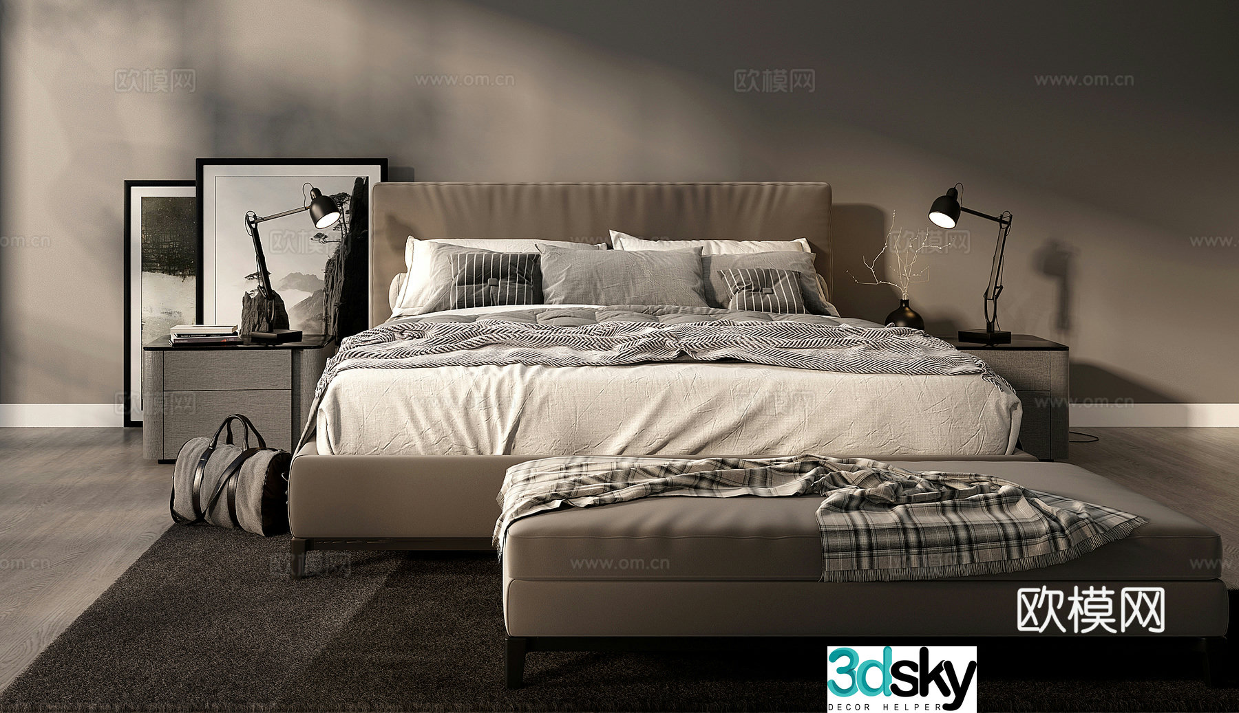 Modern double bed nightstand bed bed tail stool combination modern bedroom 3d model