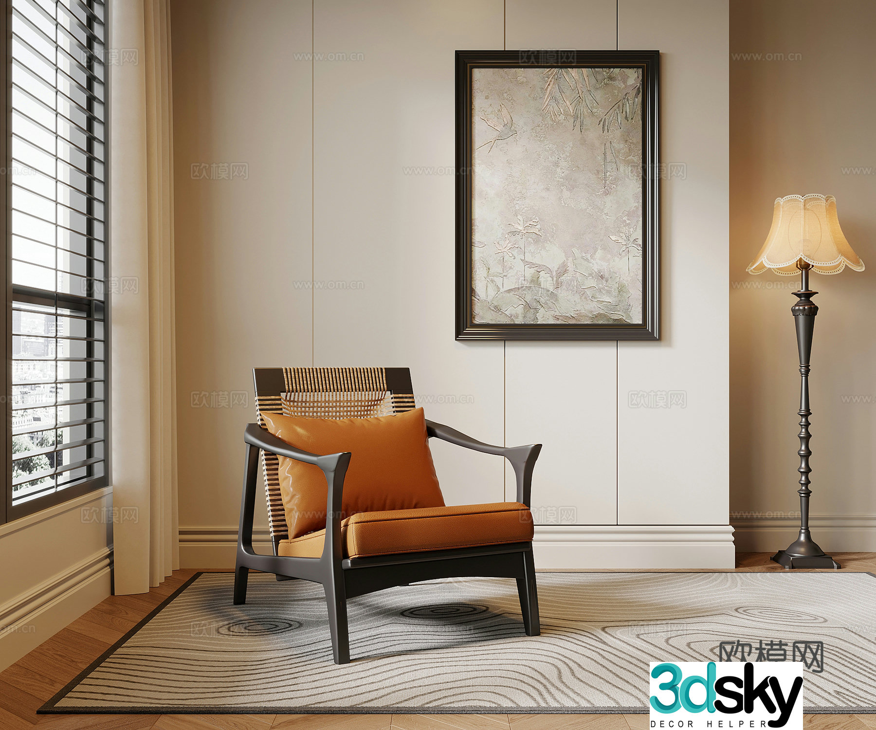 Leisure chair retro style leisure chair decorative painting floor lamp 3d model