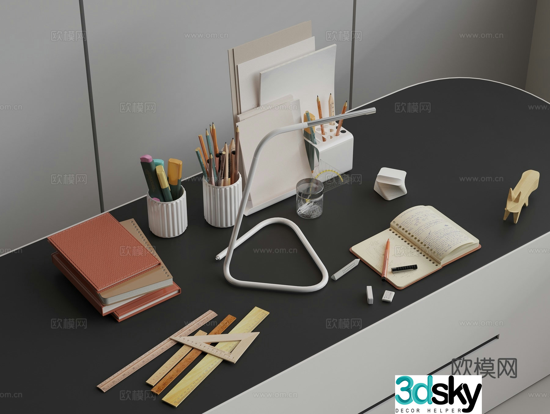 Stationery Notepad Paper Ruler Pen Pen Holder Simple Table Lamp 3D Model