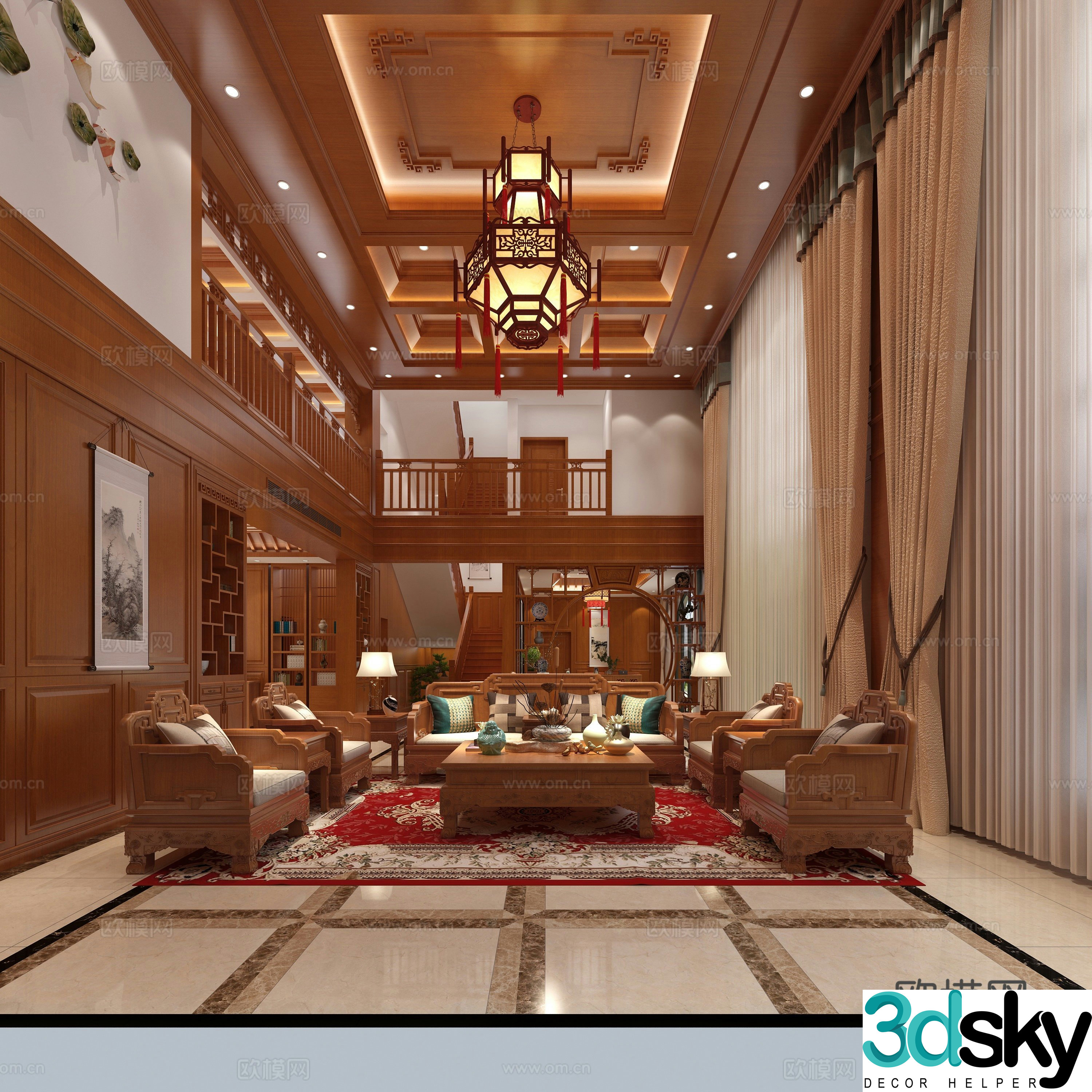 Chinese living and dining room sofa decorative painting chandelier 3d model