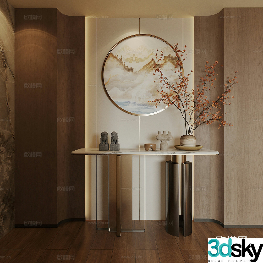 New Chinese style case New Chinese style entrance Song style entrance metal end view case Flower arrangement 3D model