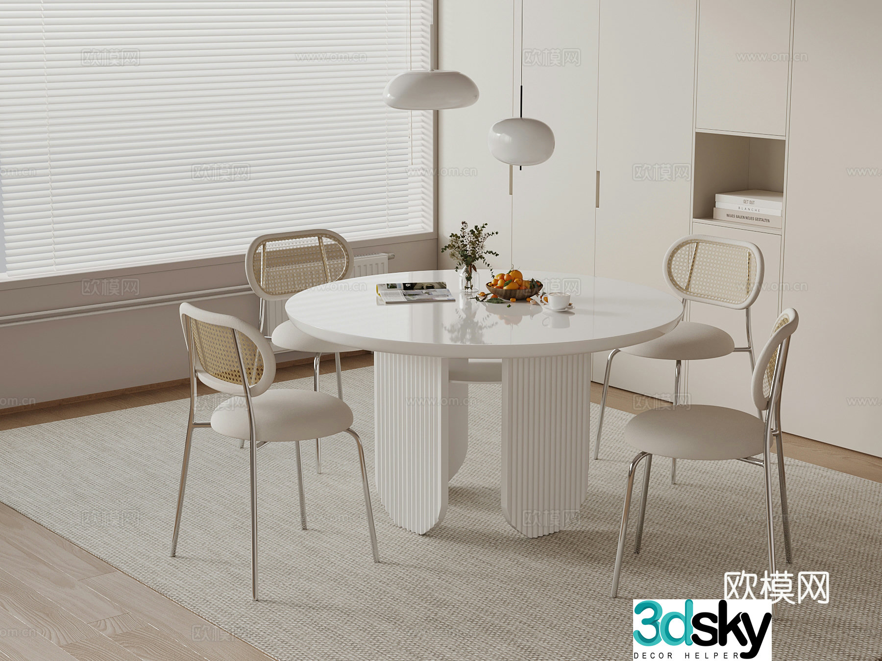 35 creamy dining table and chair chandelier 3d model