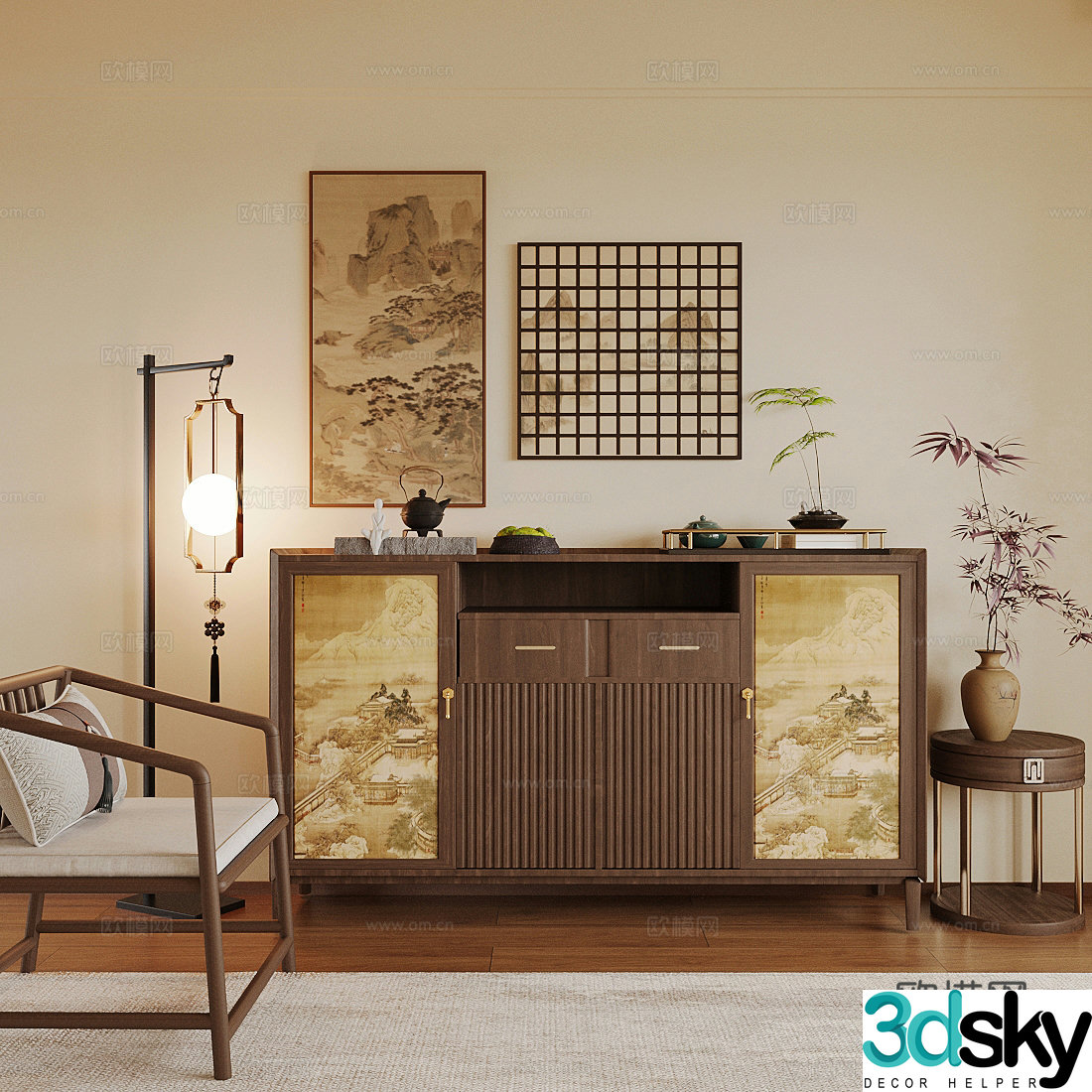 New Chinese style porch cabinet New Chinese style Zen style porch cabinet New Chinese style decorative cabinet Decorative cabinet ornament combination 3D model