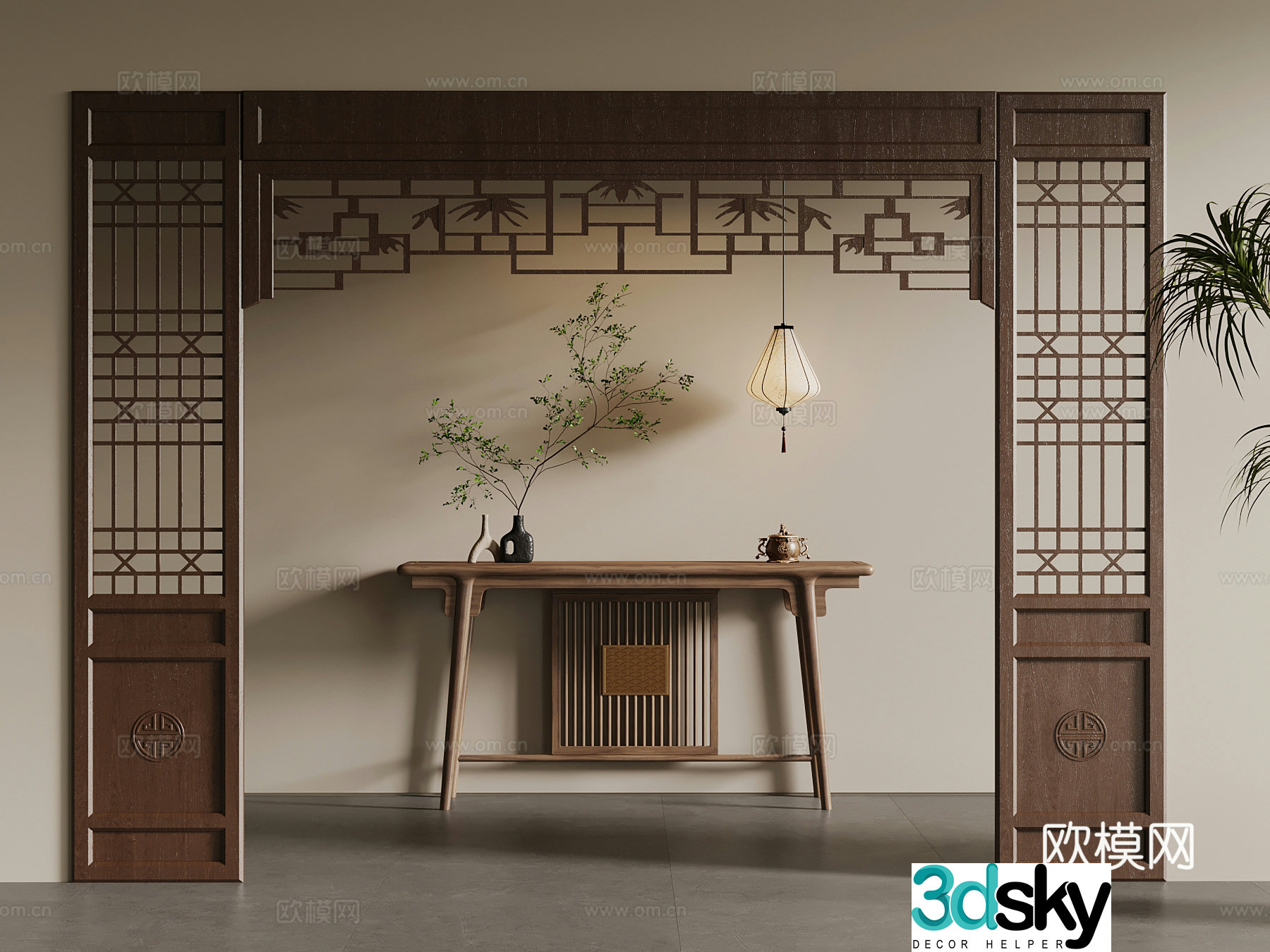 09 New Chinese style end viewing platform chandelier door cover 3D model