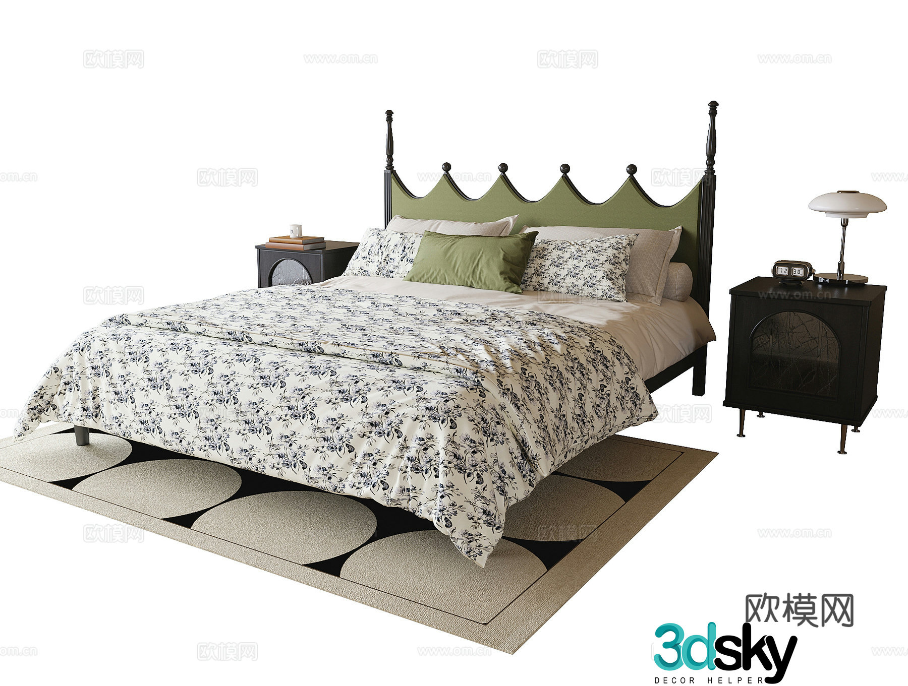American double bed nightstand 3d model