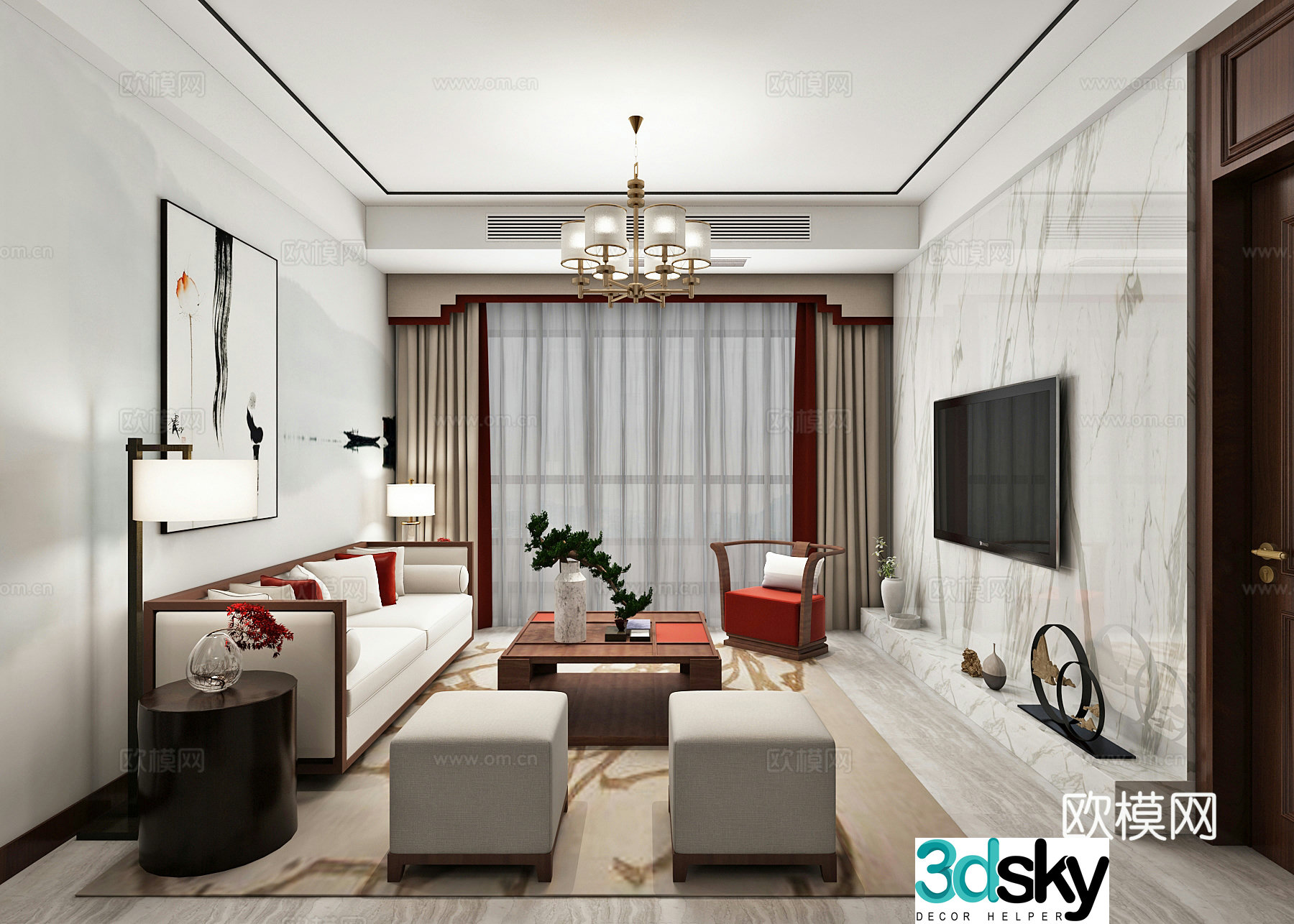 New Chinese style living room and dining room sofa coffee table chandeliers TV cabinet hanging painting side cabinet 3d model
