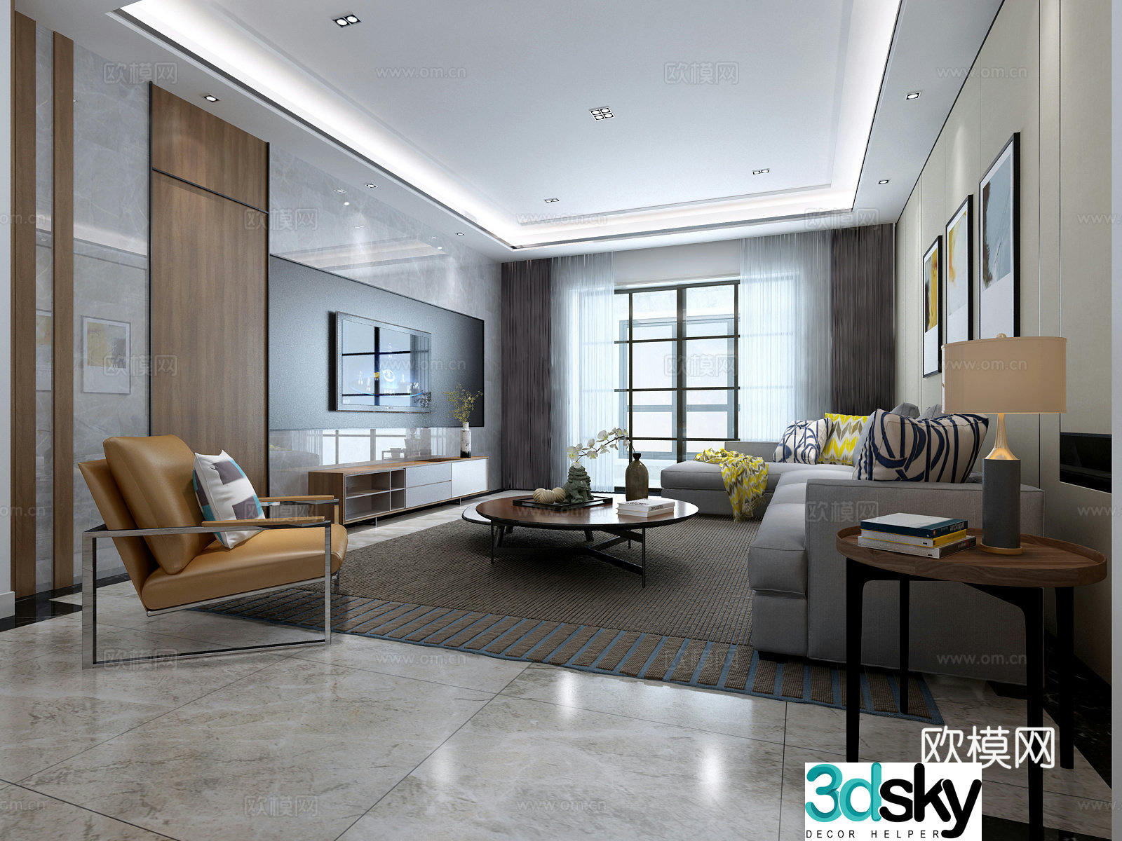 Modern living and dining room sofa coffee table chandeliers TV cabinet hanging painting dining table chair 3d model
