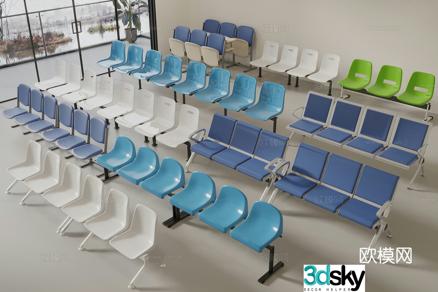 Rest chair Commercial multi-person chair Waiting chair Stainless steel long chair One-piece chair 3D model