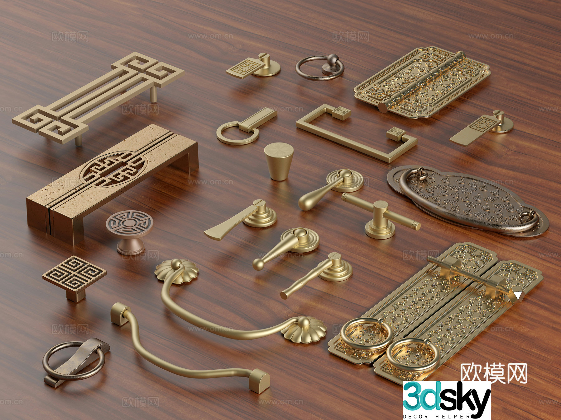 Chinese style handle wardrobe handle cabinet door handle yellow bronze handle classical handle 3D model