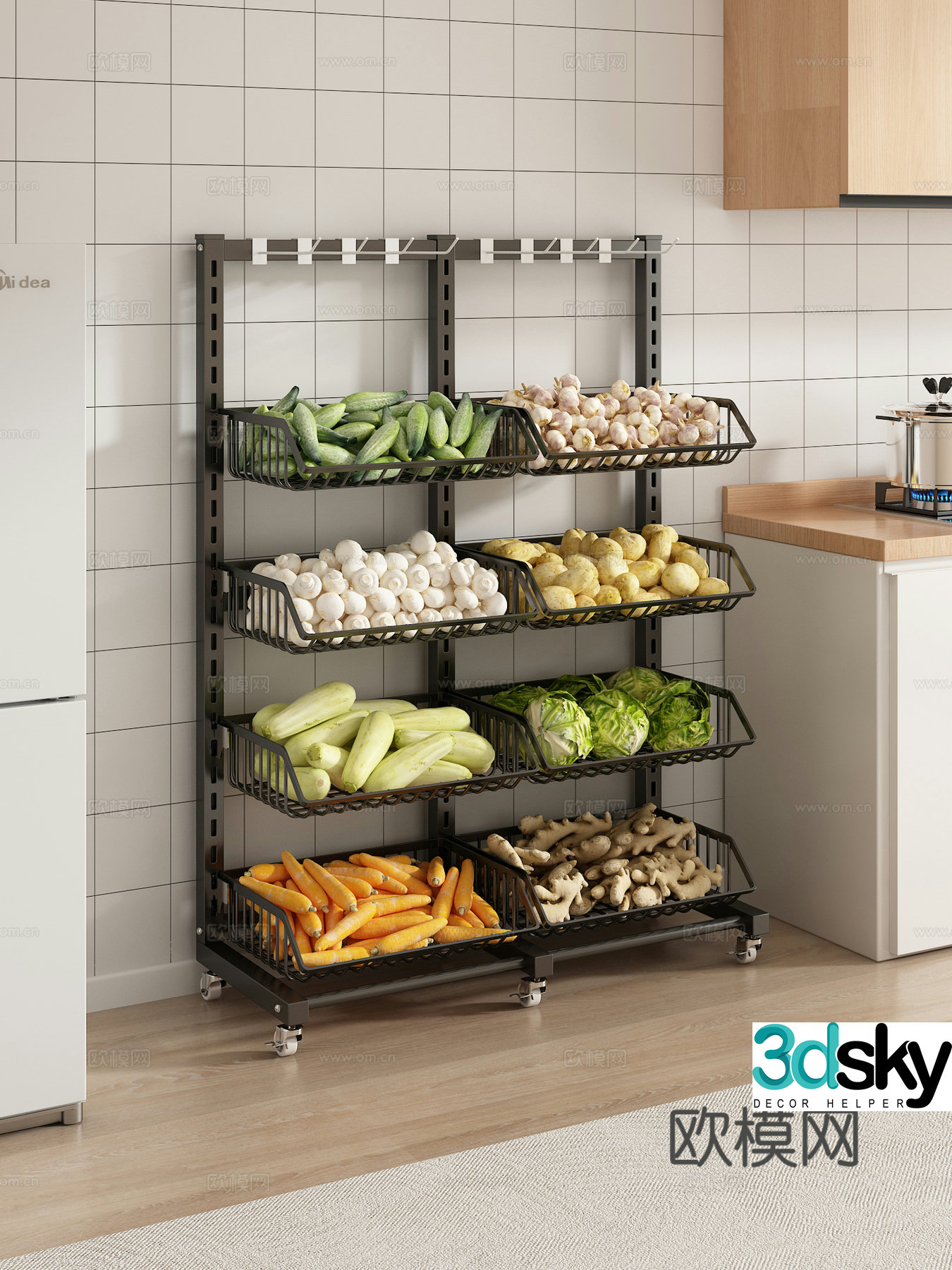 Kitchen shelf fresh vegetables carrot ginger cabbage mushroom potato garlic 3d model