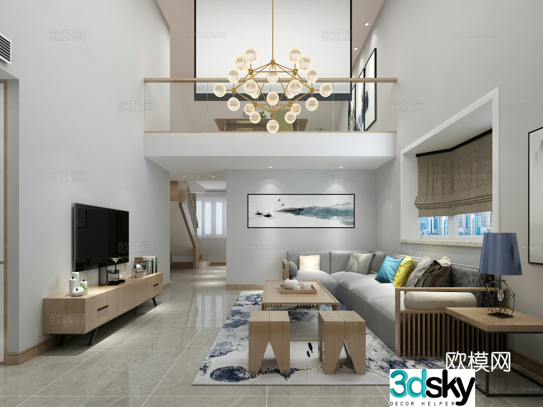 Modern living and dining room sofa decorative painting chandelier TV cabinet dining table cabinet desk 3d model