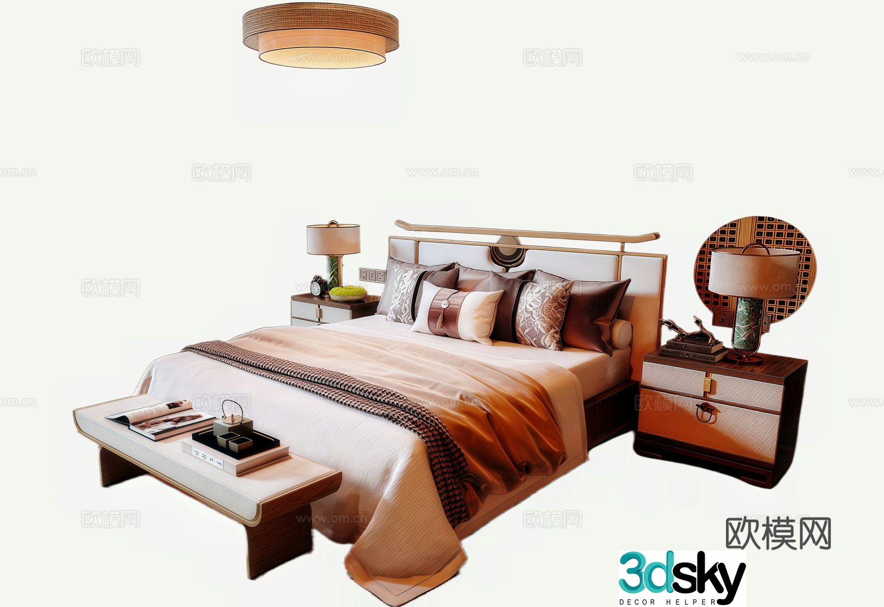 New Chinese Song style double bed bed nightstand 3D model