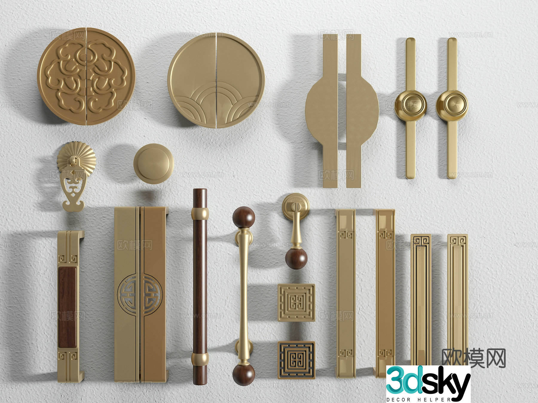 New Chinese style handle brass handle wardrobe door handle classical handle 3D model