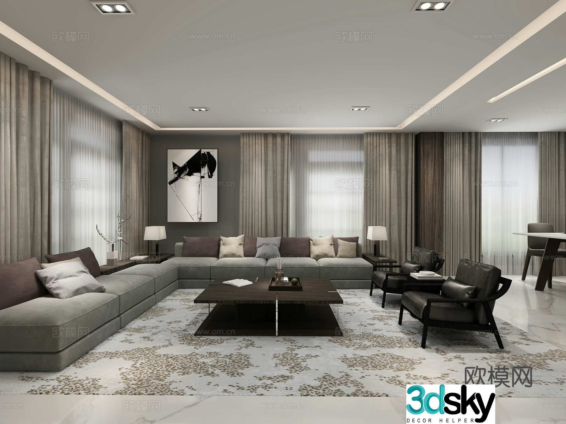 Modern simple and elegant living room sofa coffee table chandeliers TV cabinet paintings side cabinets 3D model