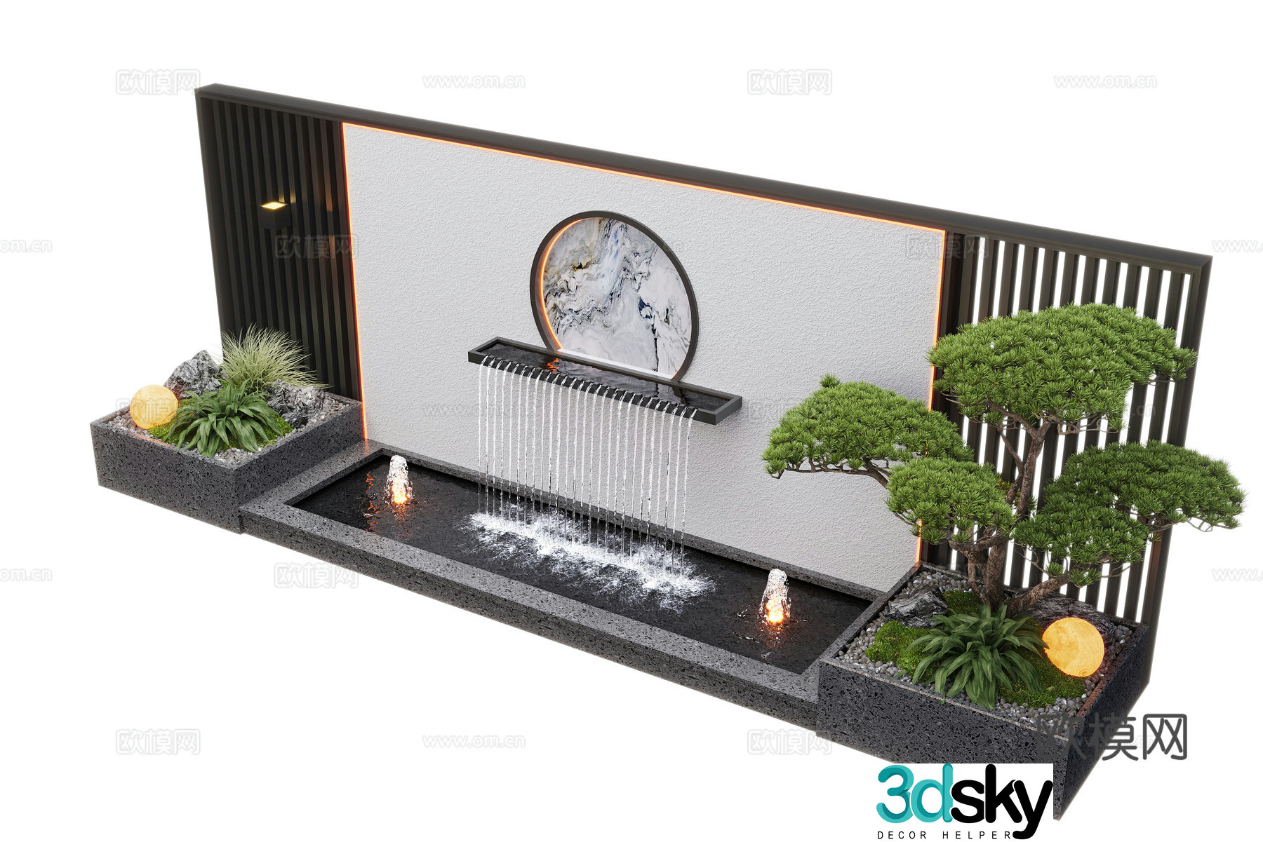 New Chinese style courtyard water view wall landscape wall flowing water fish pond 3d model
