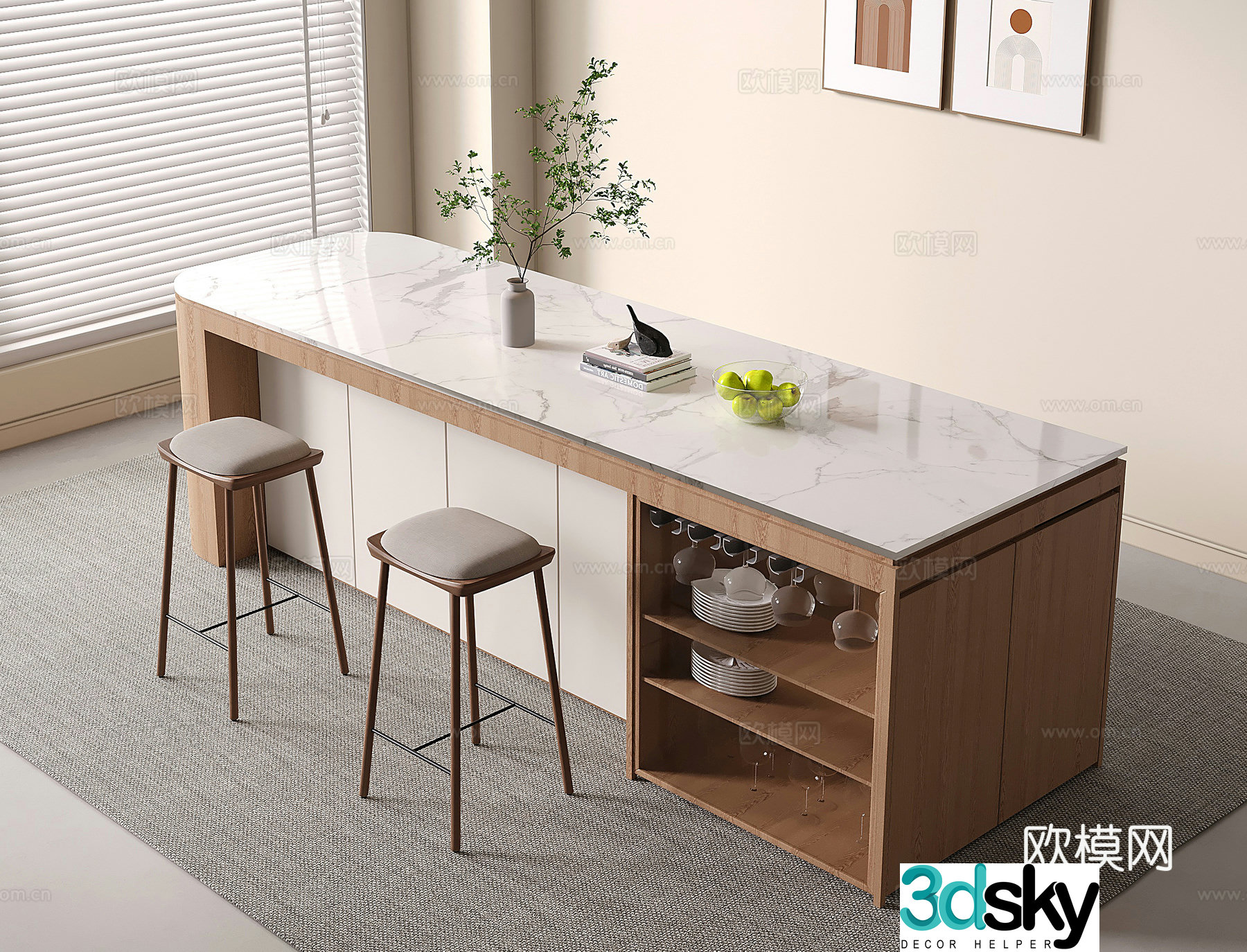 Modern middle island platform marble bar 3d model