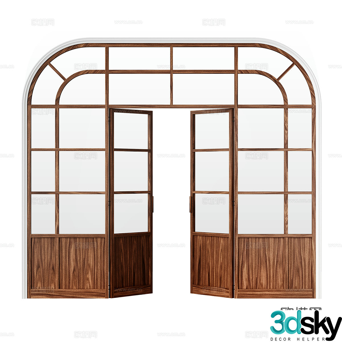 American simple wooden glass double-open arched door 3D model