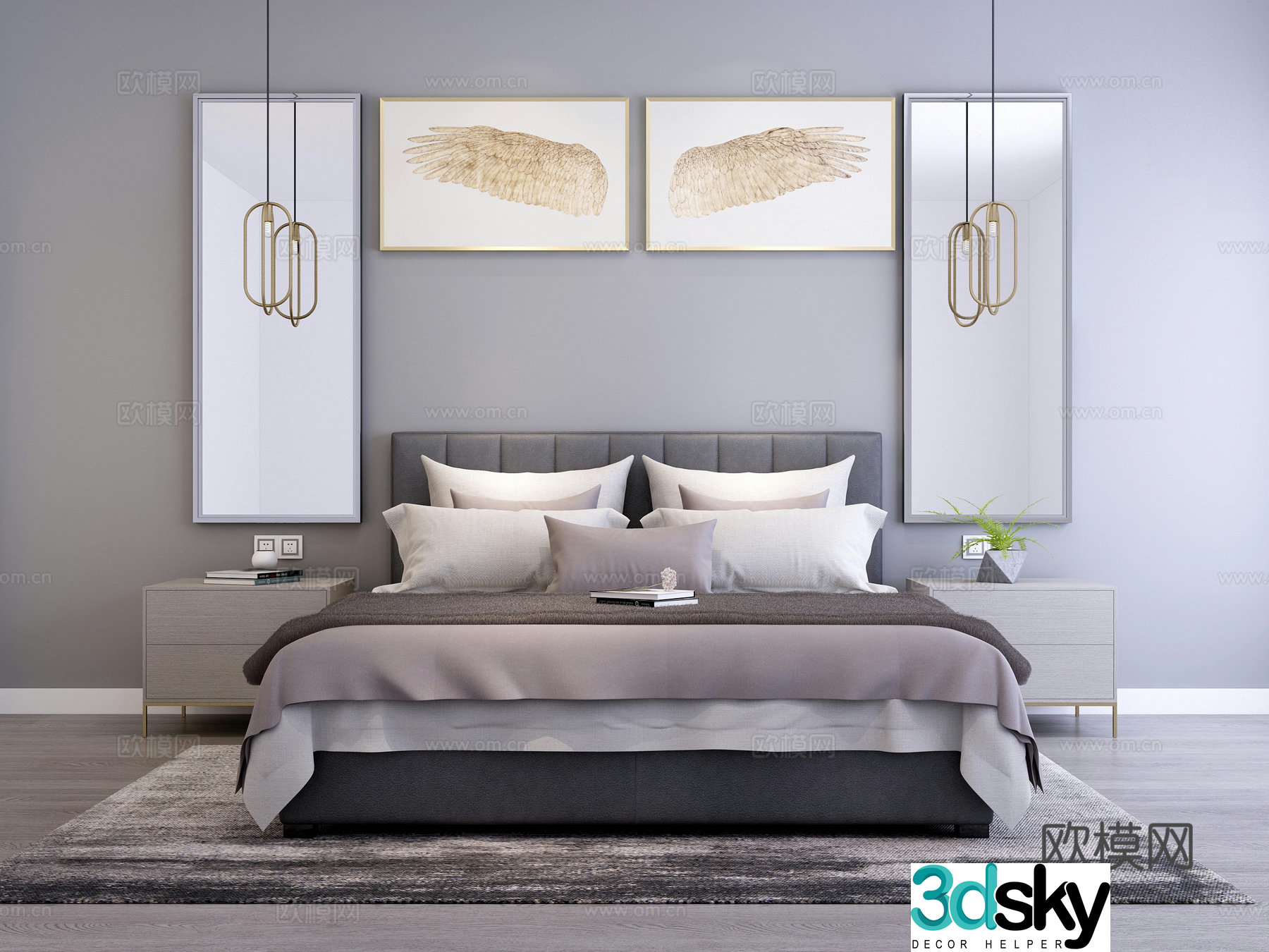 New Chinese style big bed Decorative painting Chandelier Decorative items Bedside table chest of drawers Wall decoration 3D model