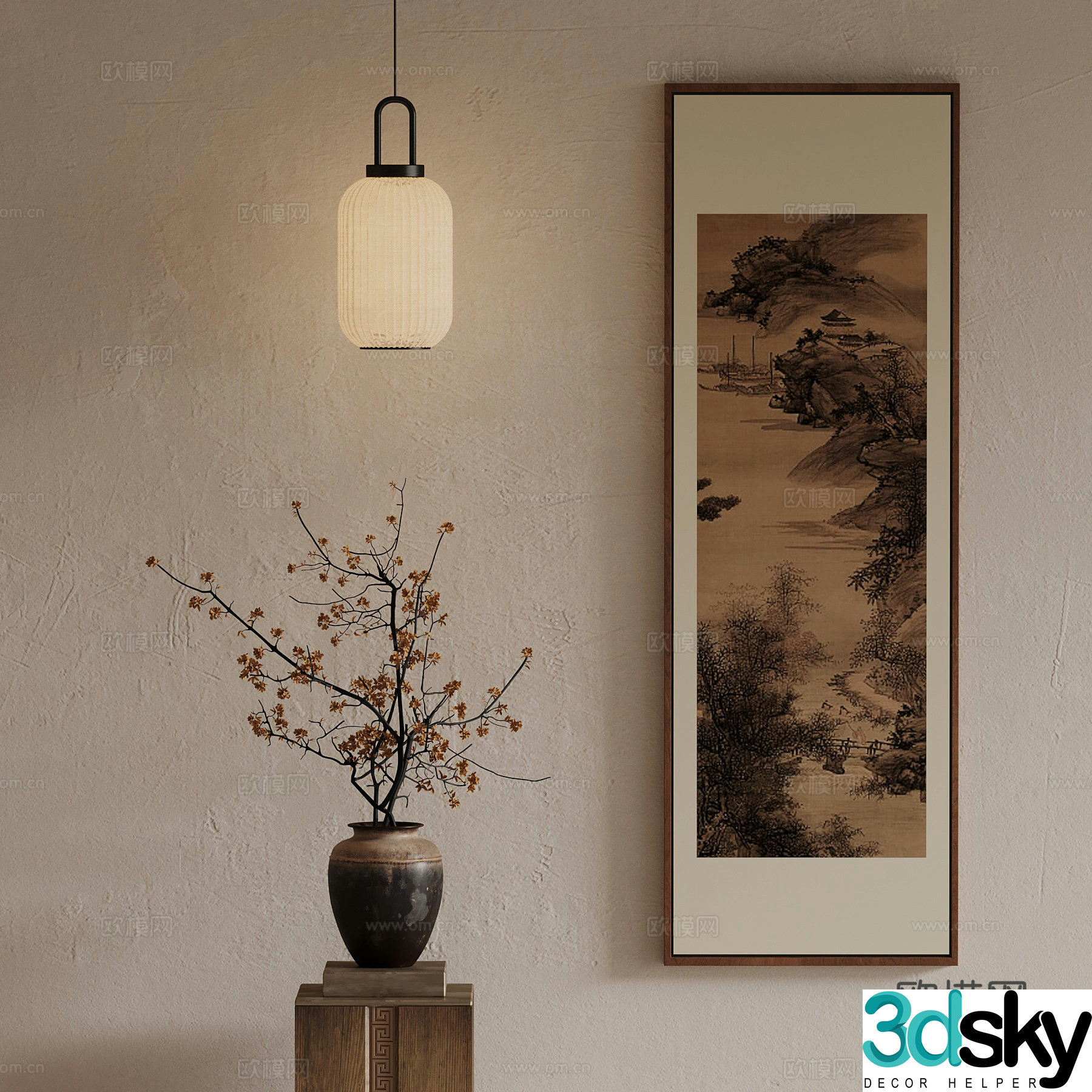 11 new Chinese style hanging paintings vases chandeliers 3D model