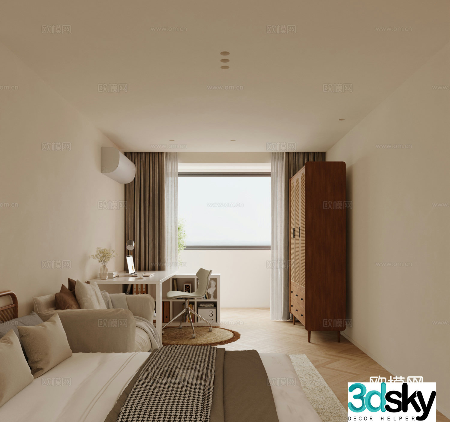 Modern creamy bedroom 3d model