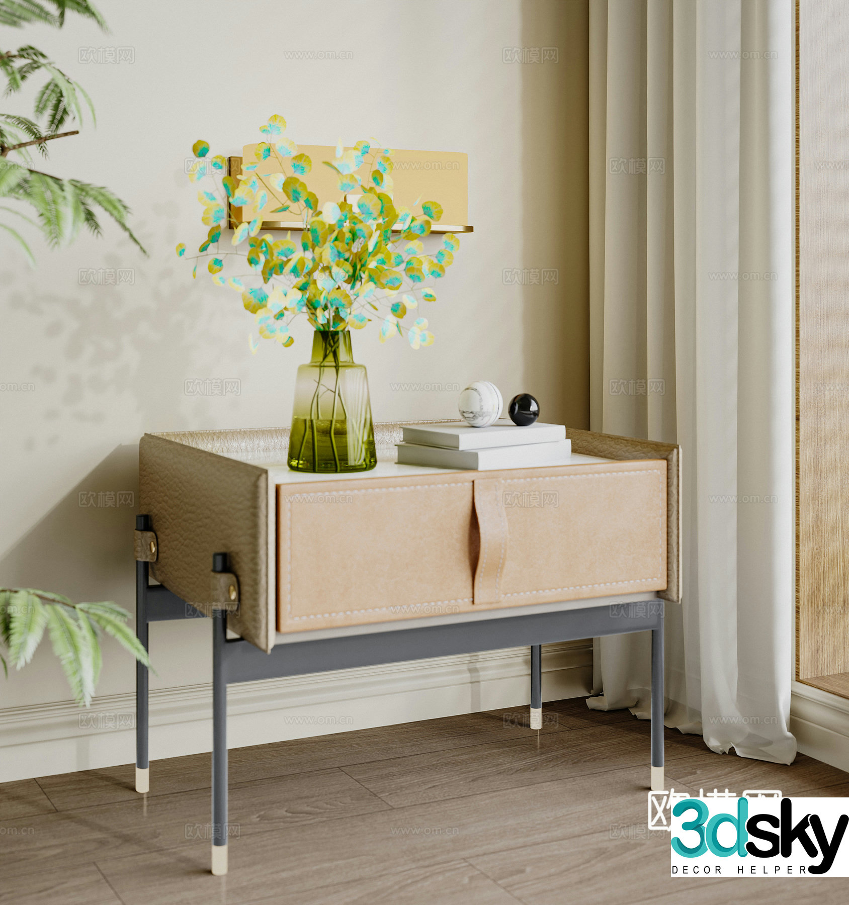 Modern bedside table leather bedside table vase flowers 3d model