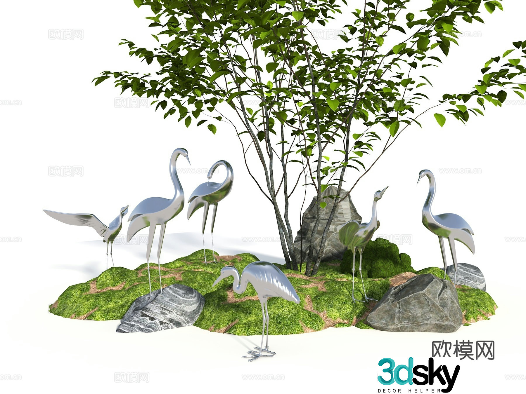 Crane sculpture Stainless steel Crane sculpture combination Landscape sculpture Landscape sketch Landscape 3D model