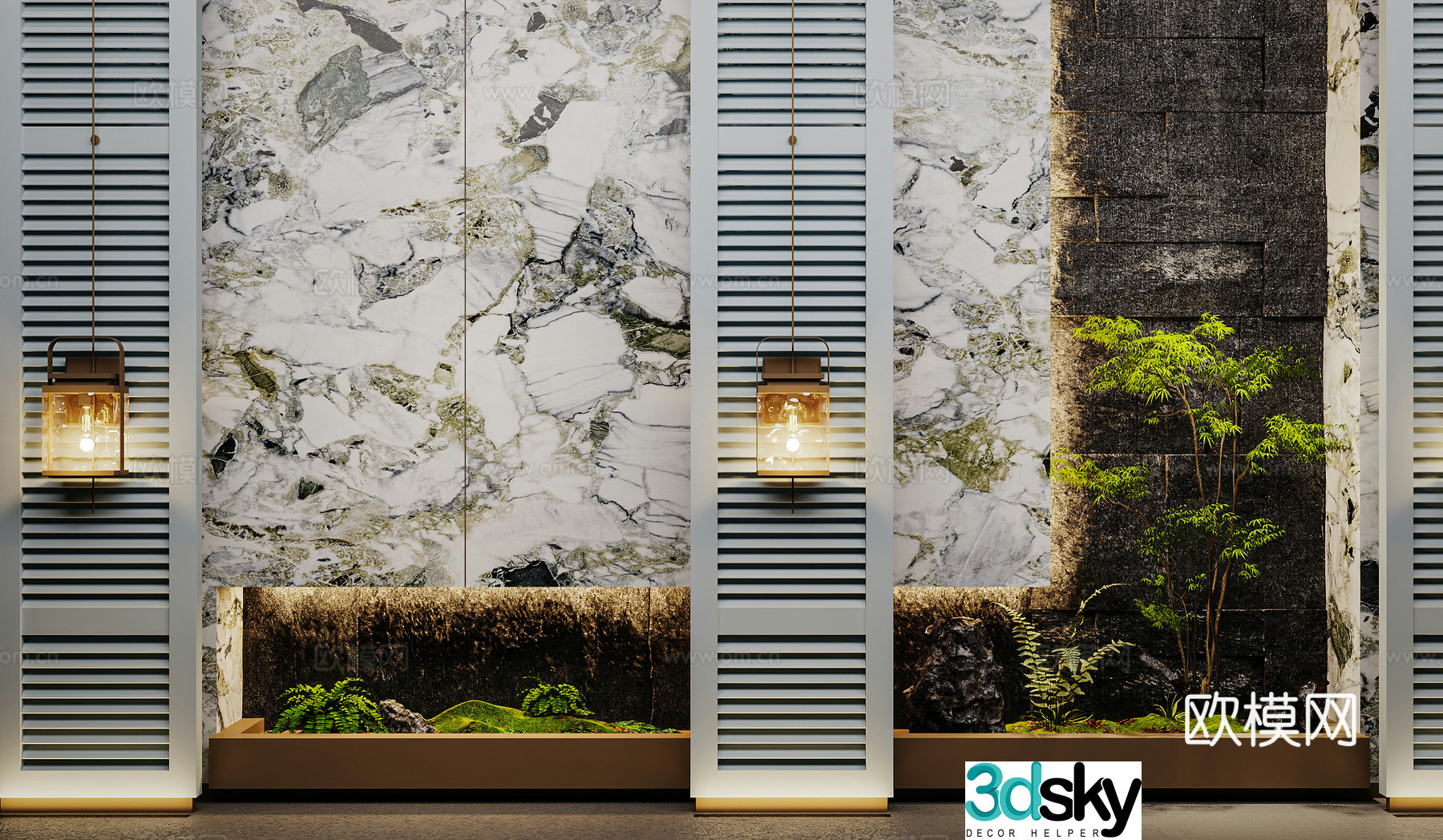 New Chinese interior landscape green plant landscaping Chinese wall light 3D model