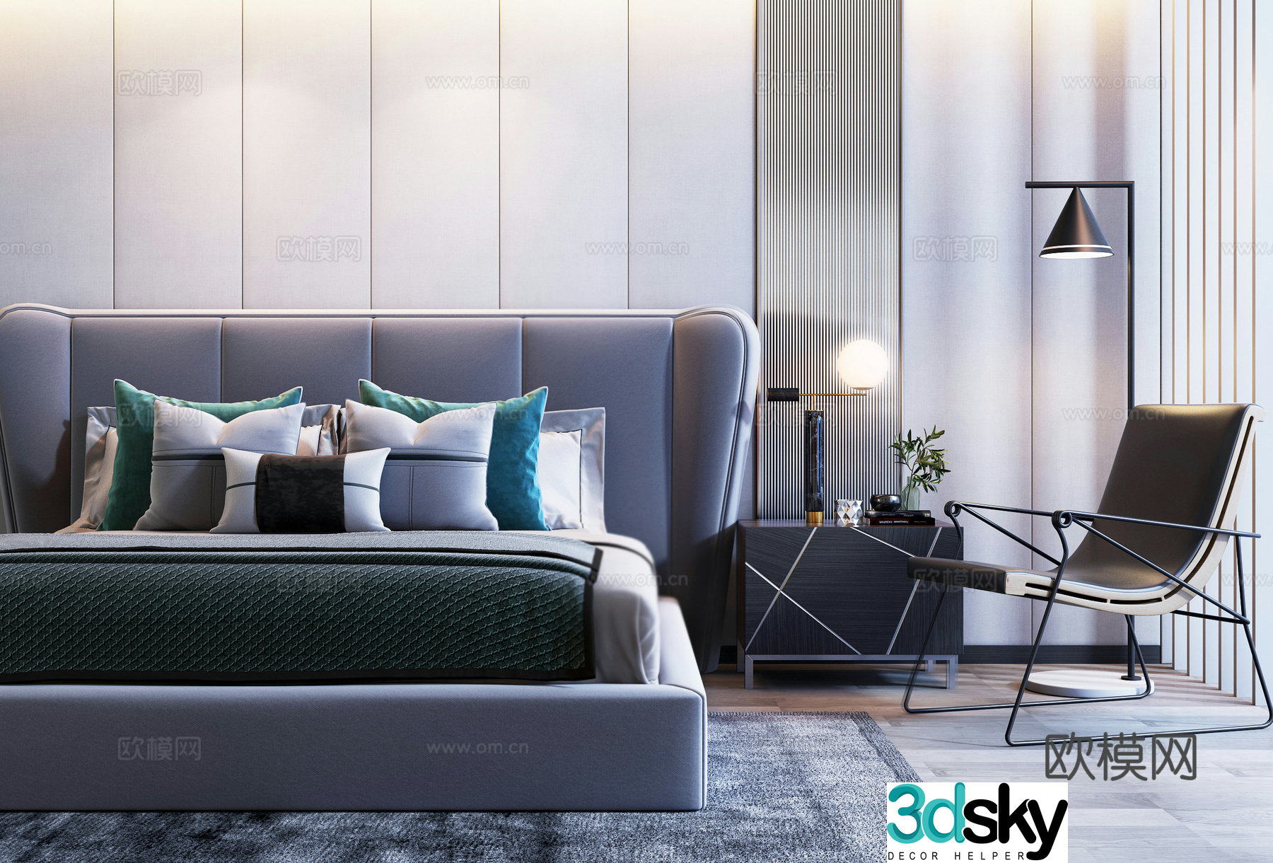 Modern double bed casual chair single chair floor lamp 3d model