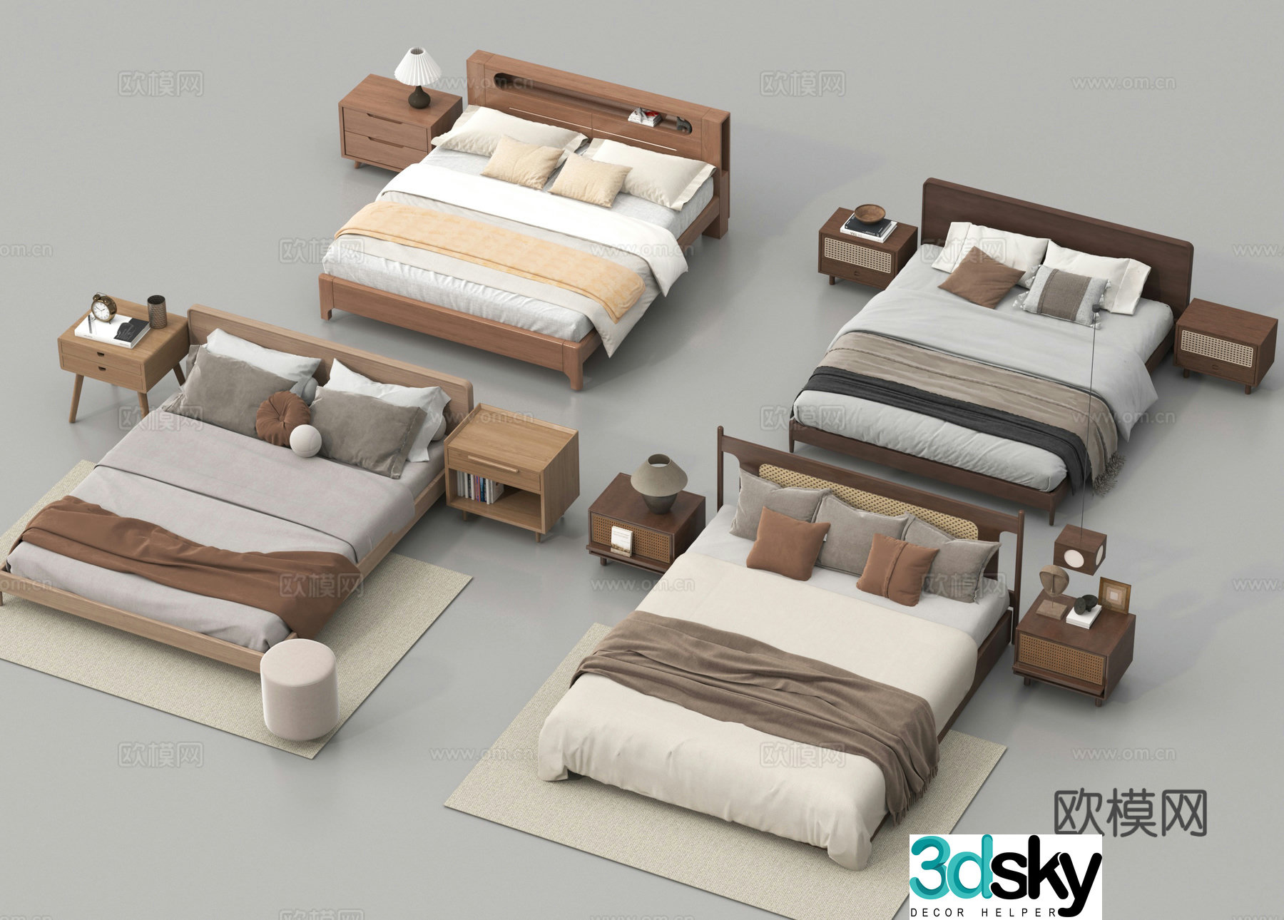 Double bed nightstand bedding 3d model