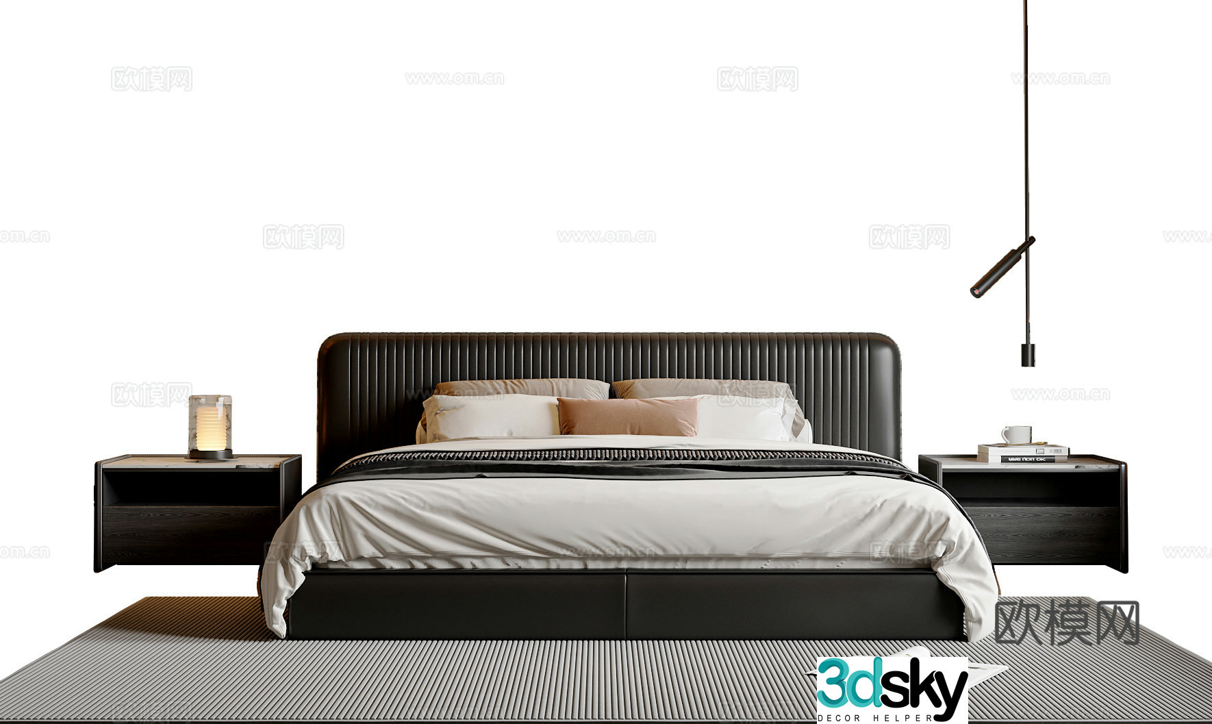 Modern simple double bed bed nightstand leather double bed chandeliers table lamp 3d model