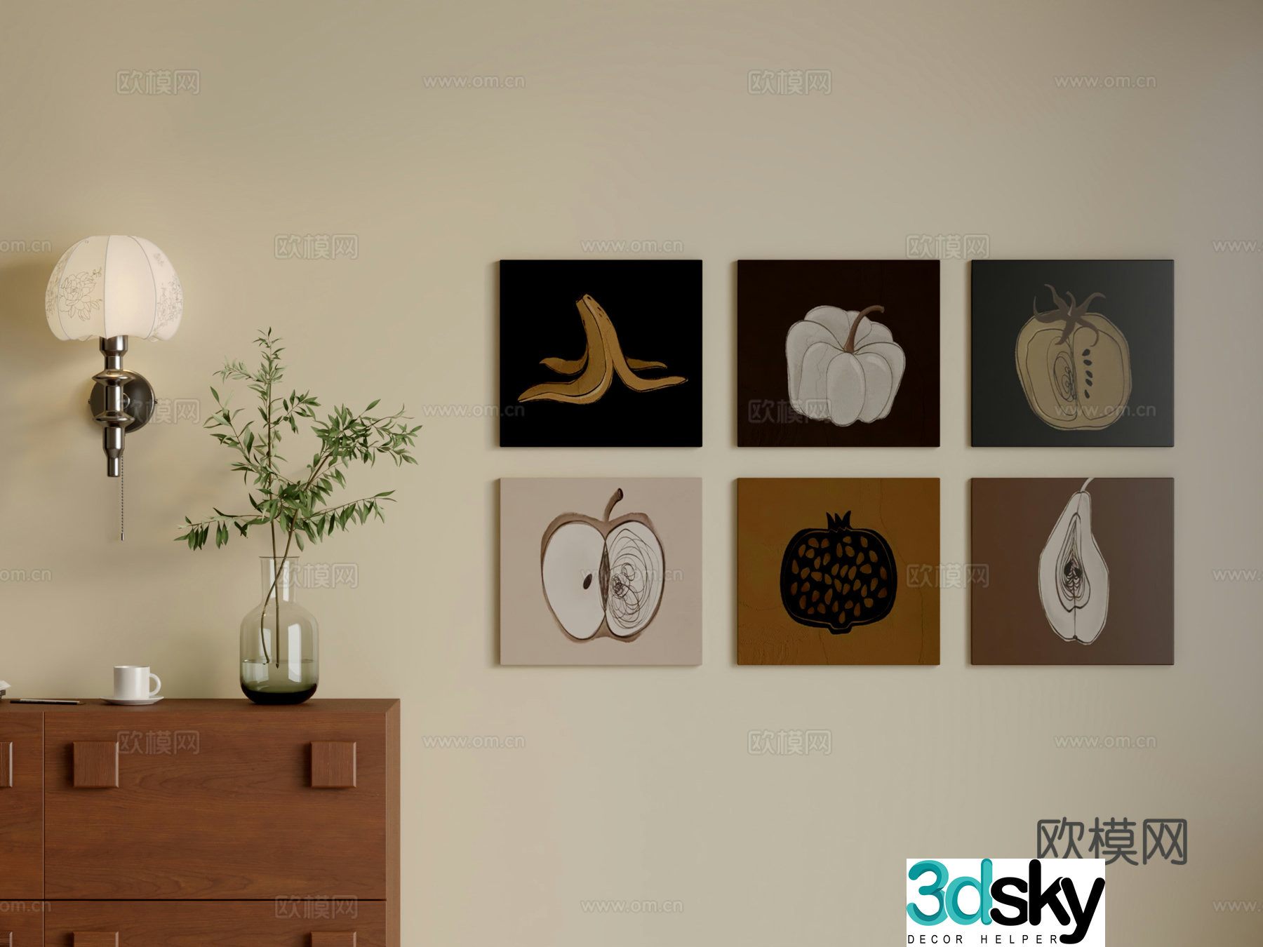 Wasabi style retro hanging painting combination 3D model
