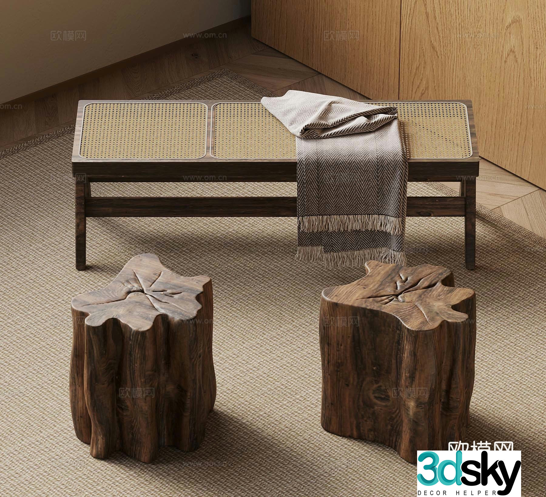 28 Middle-aged style rattan bench rattan bench wooden pier solid wood stool 3D model