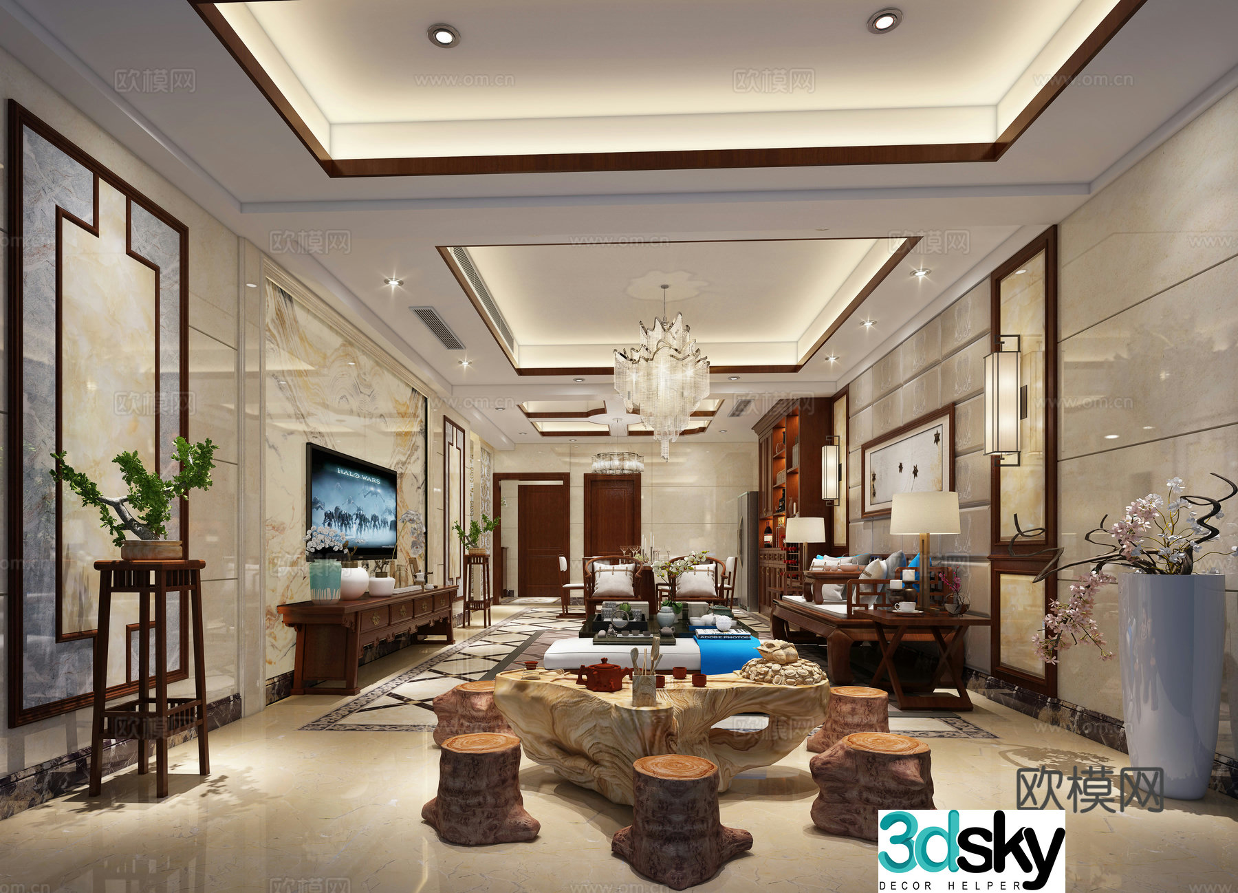 New Chinese style living and dining room sofa coffee table chandeliers TV cabinet painting side cabinet dining table chairs 3D model