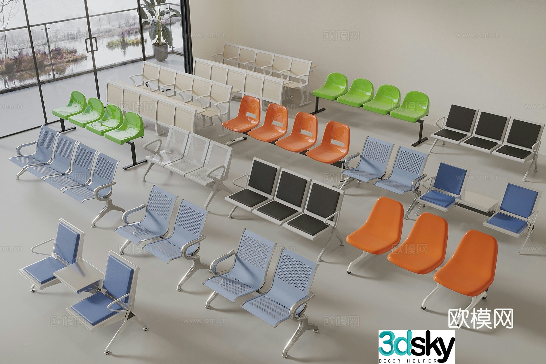 Rest chair Commercial multi-person chair Waiting chair Stainless steel long chair One-piece chair 3D model