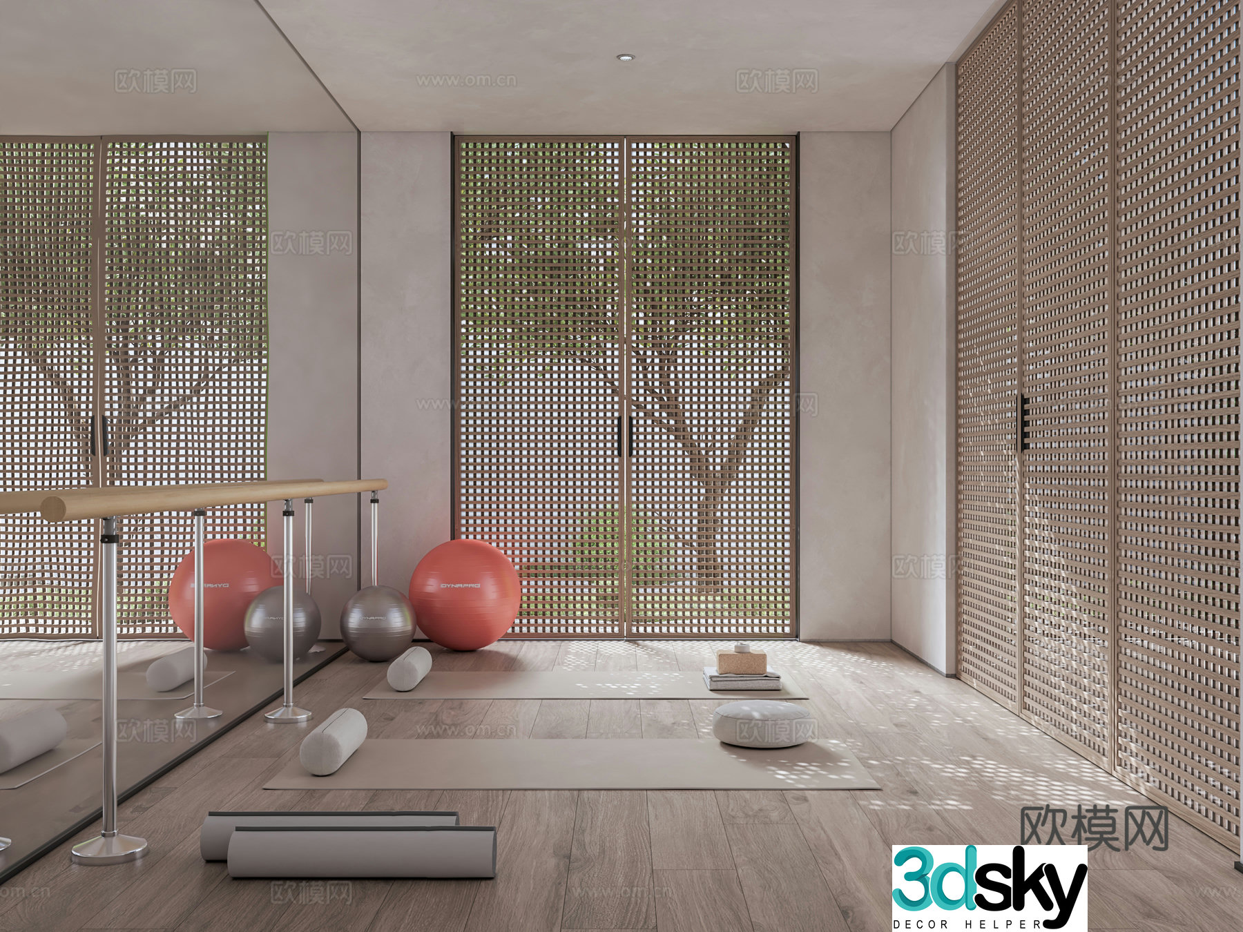 Villa yoga room gym home gym yoga equipment yoga mat whole wall mirror 3d model