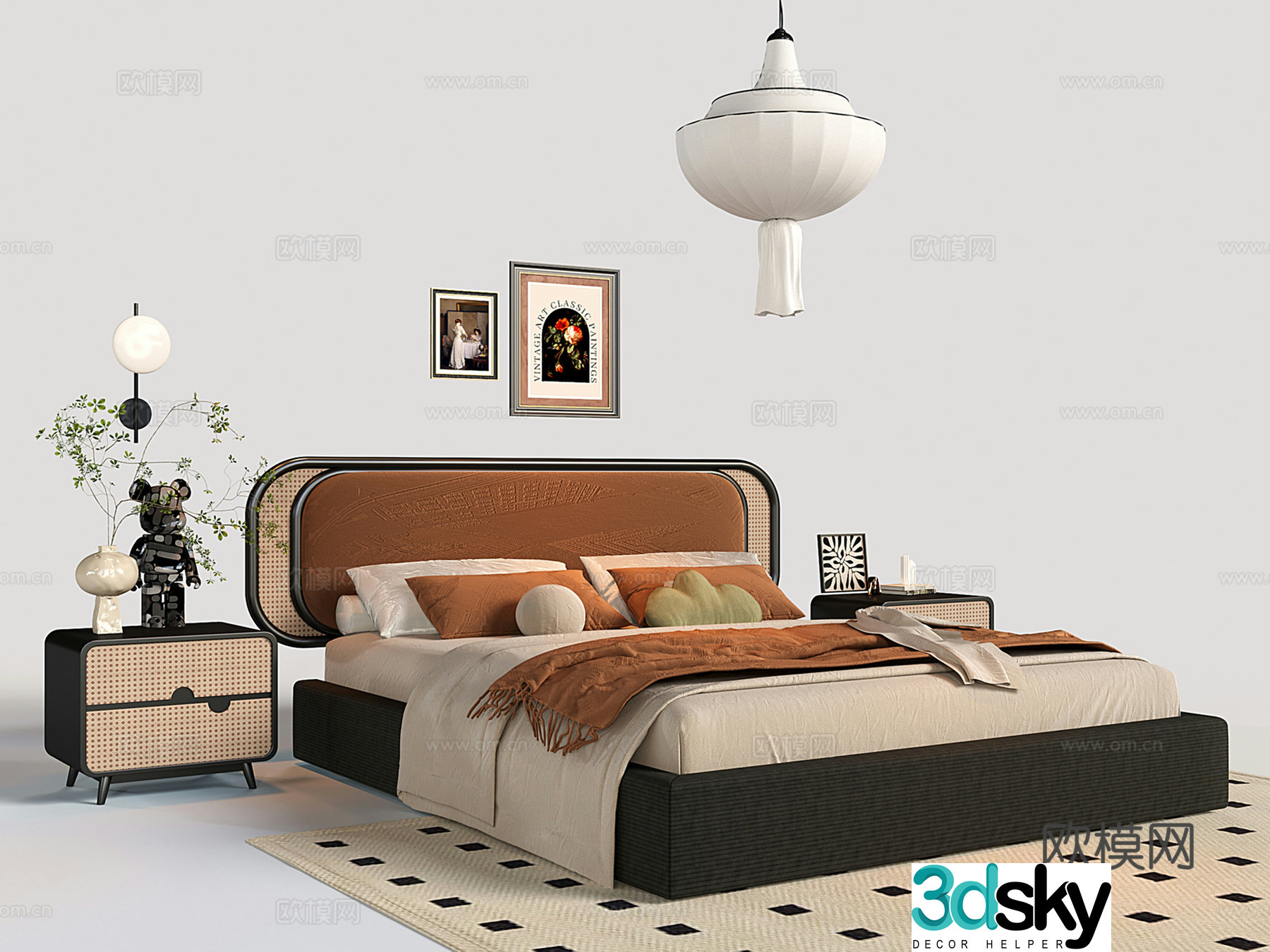 French retro double bed retro rattan double bed bed nightstand chandeliers 3d model