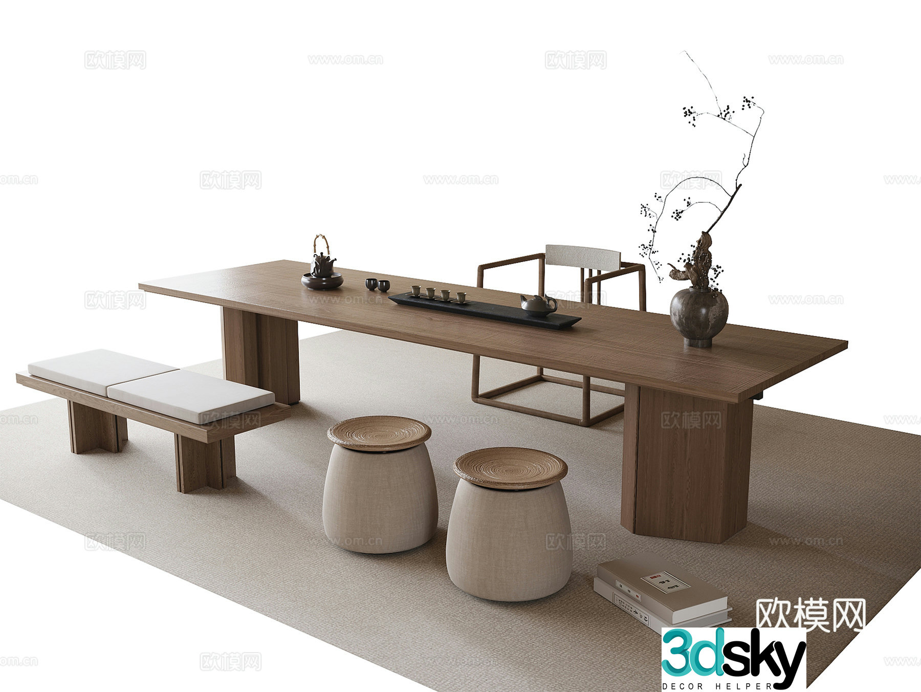 Modern tea table and chair stool tea set tea chair 3d model