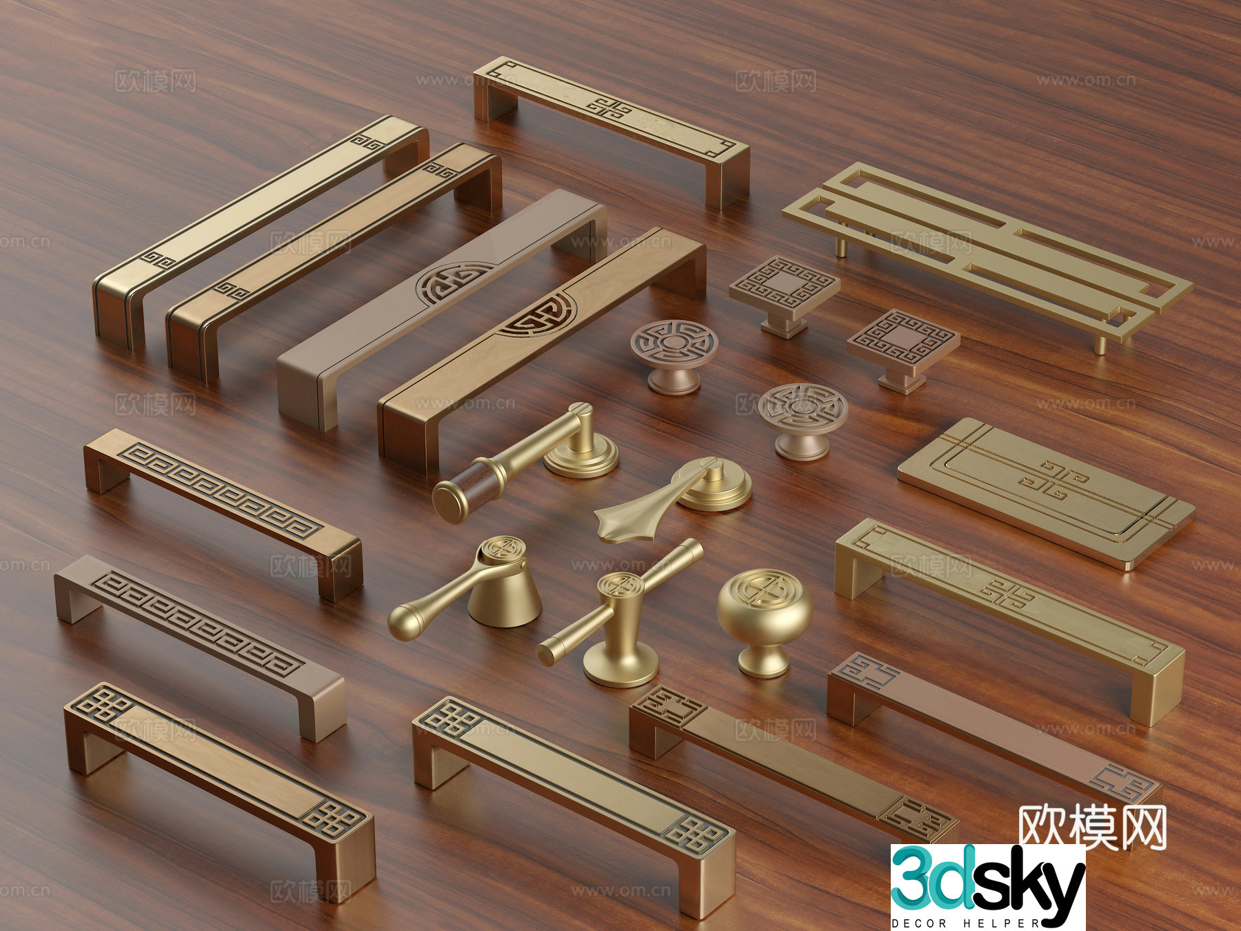New Chinese style handle wardrobe door handle cabinet handle yellow bronze handle copper wood handle 3D model