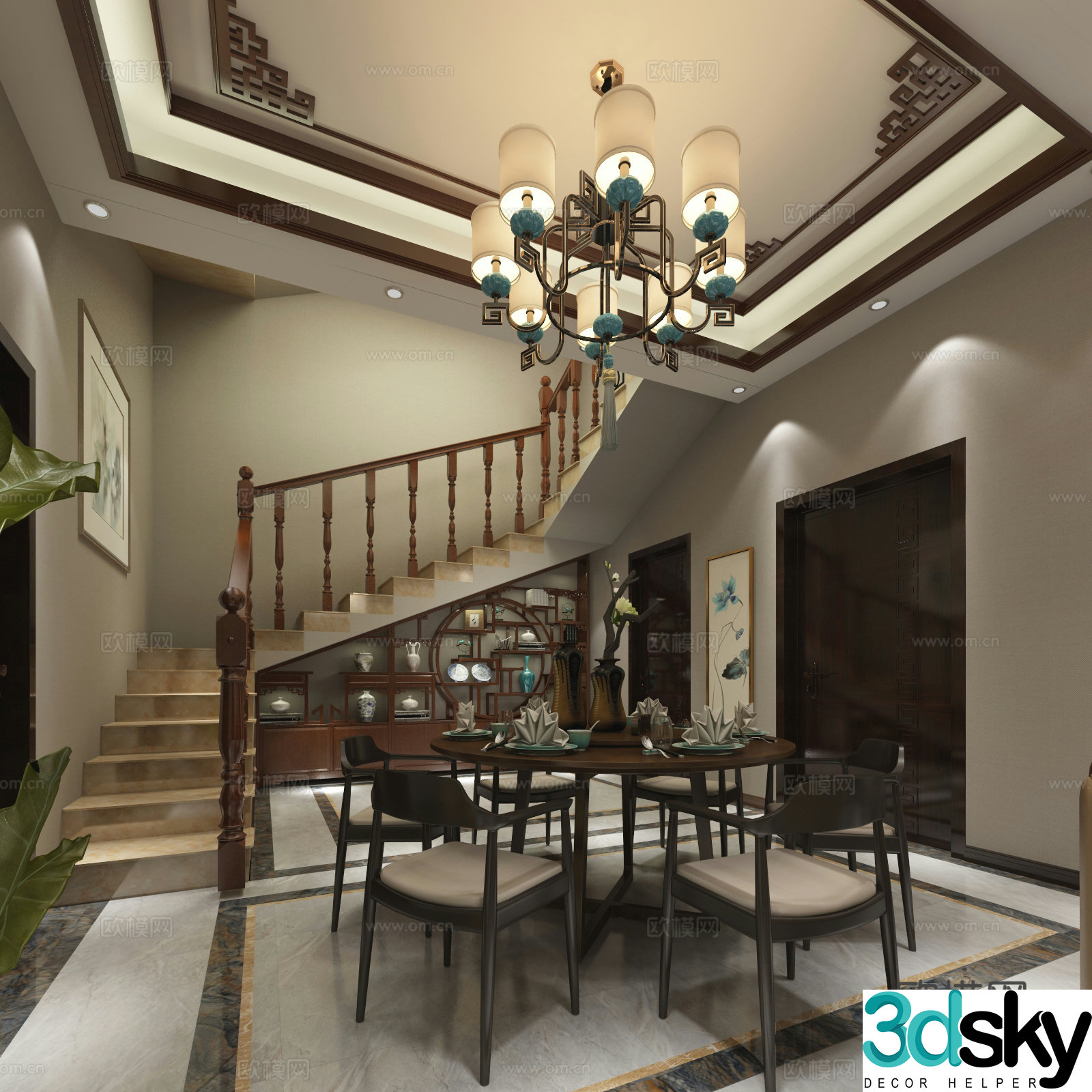 New Chinese style living and dining room herringbone roof chandeliers dining tables and chairs 3D model