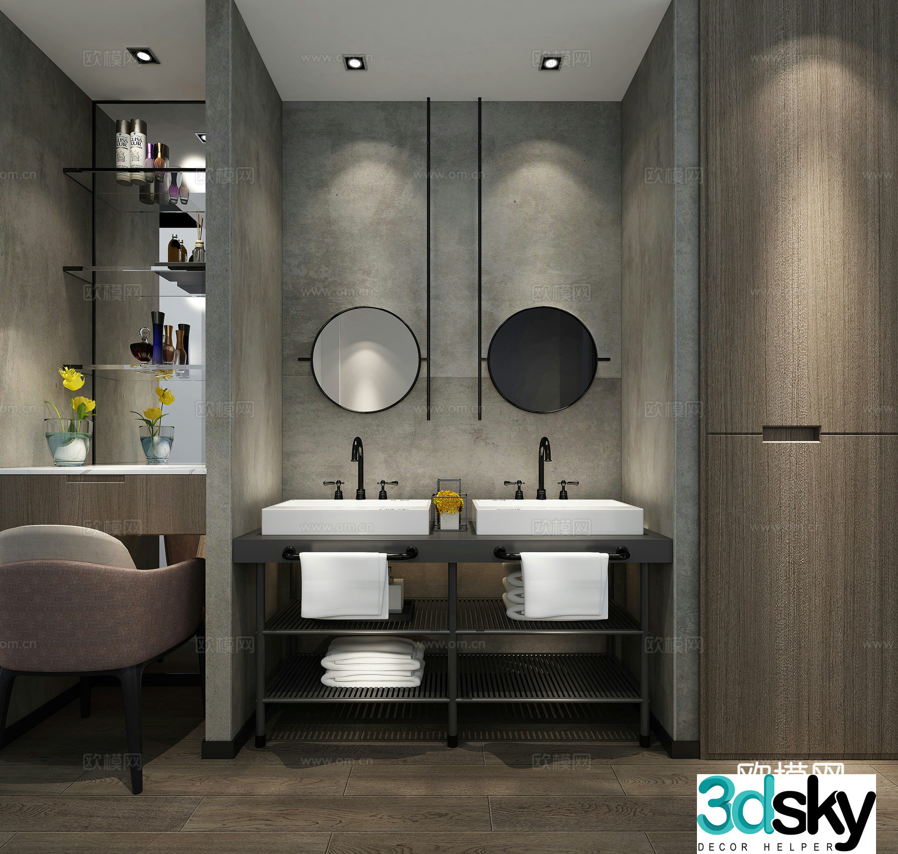 Modern cloakroom Dressing table Absorbing table Cabinet Wood floor Wood veneer Cement wall 3d model