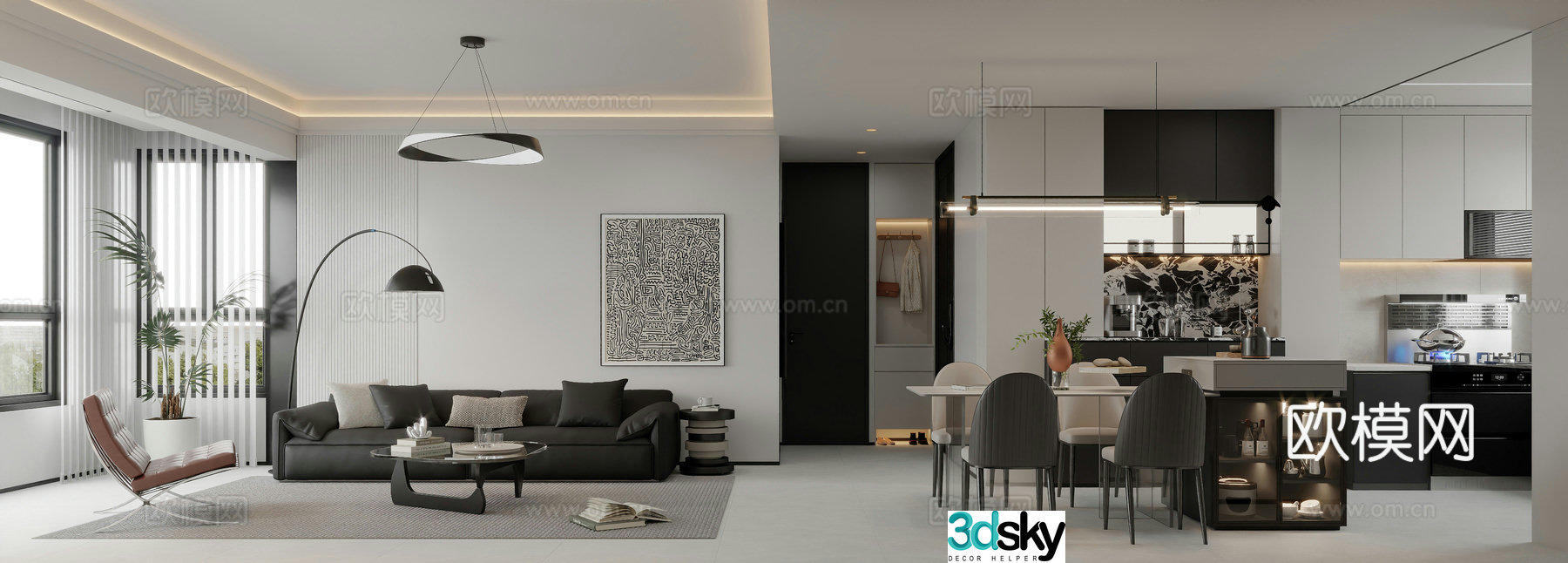 Modern living and dining room 3d model