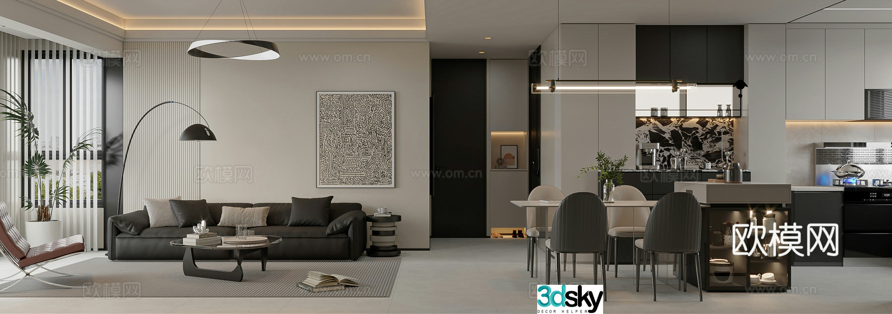 Modern black white and gray living room 3d model
